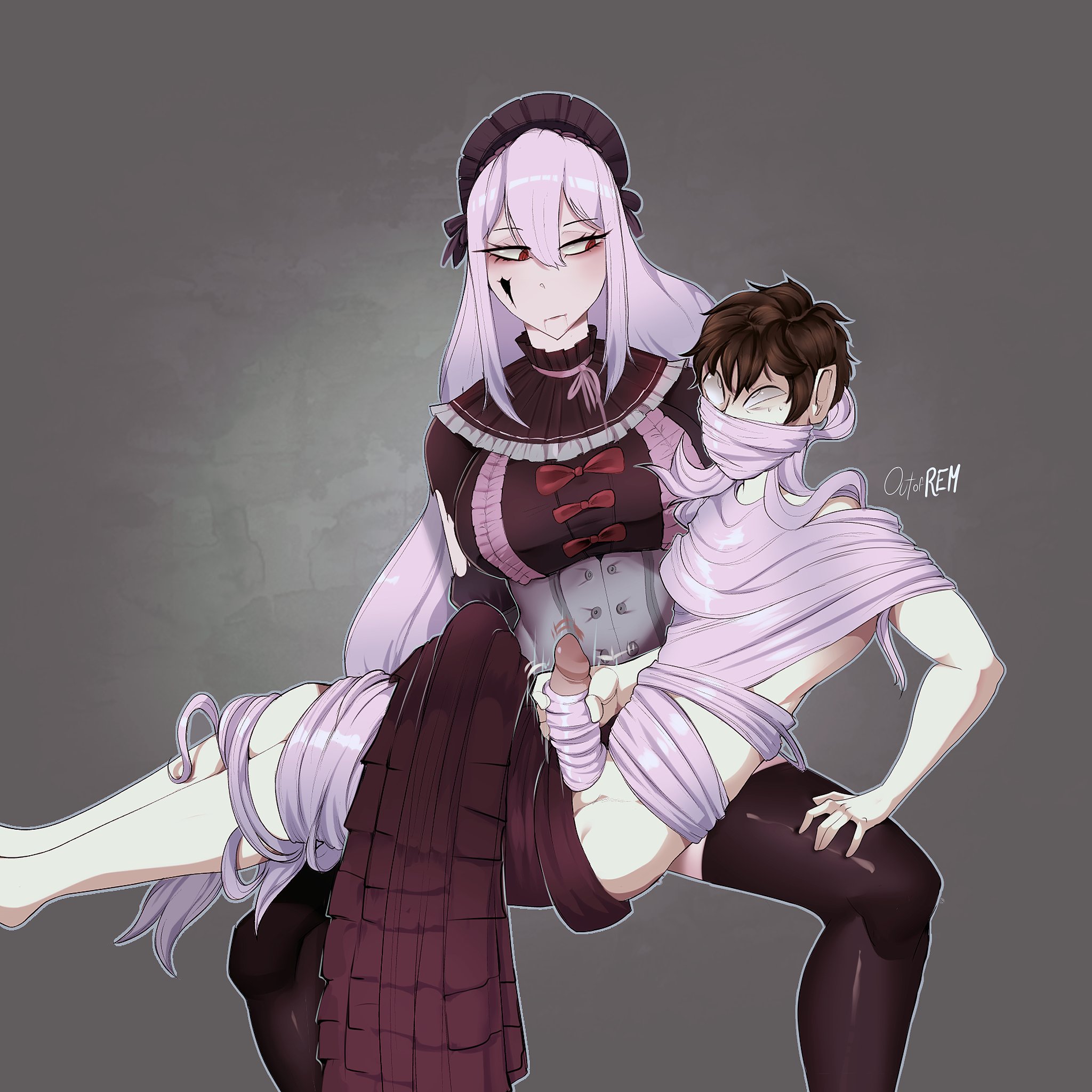 1boy, 1girls, brown hair, clothed, clothed female, clothing, doll, dress, female, hairjob, light skin, light-skinned female, light-skinned male, long hair, male, oorem, pink hair, porcelainmaid, red eyes, short hair, very long hair, virtual youtuber