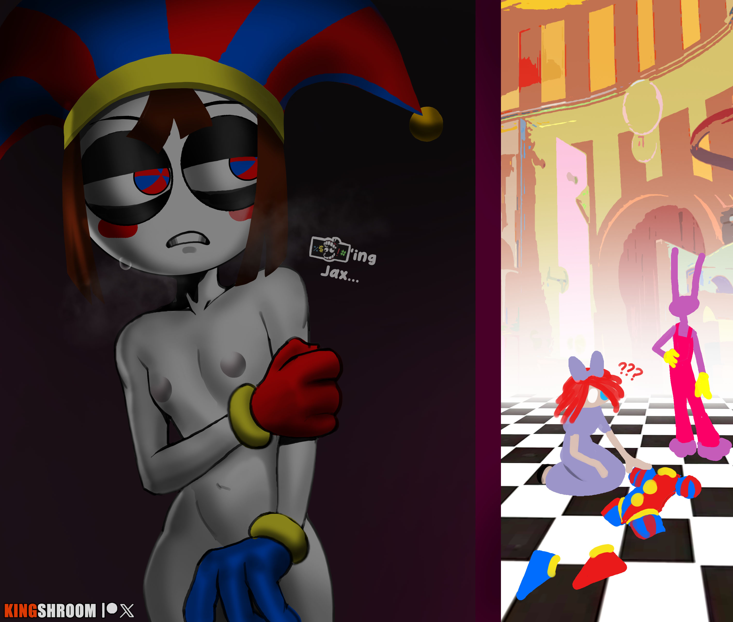 1girls, classic enf pose, covering, covering crotch, covering pussy, covering self, embarrassed, embarrassed nude female, enf, enf trying to avoid being caught, female, female focus, functionally nude female, glitch productions, jax (the amazing digital circus), kingshroom, male, mostly nude, naked, naked female, nude, nude female, only one naked, pomni (the amazing digital circus), practically nude, ragatha (the amazing digital circus), tadc, the amazing digital circus