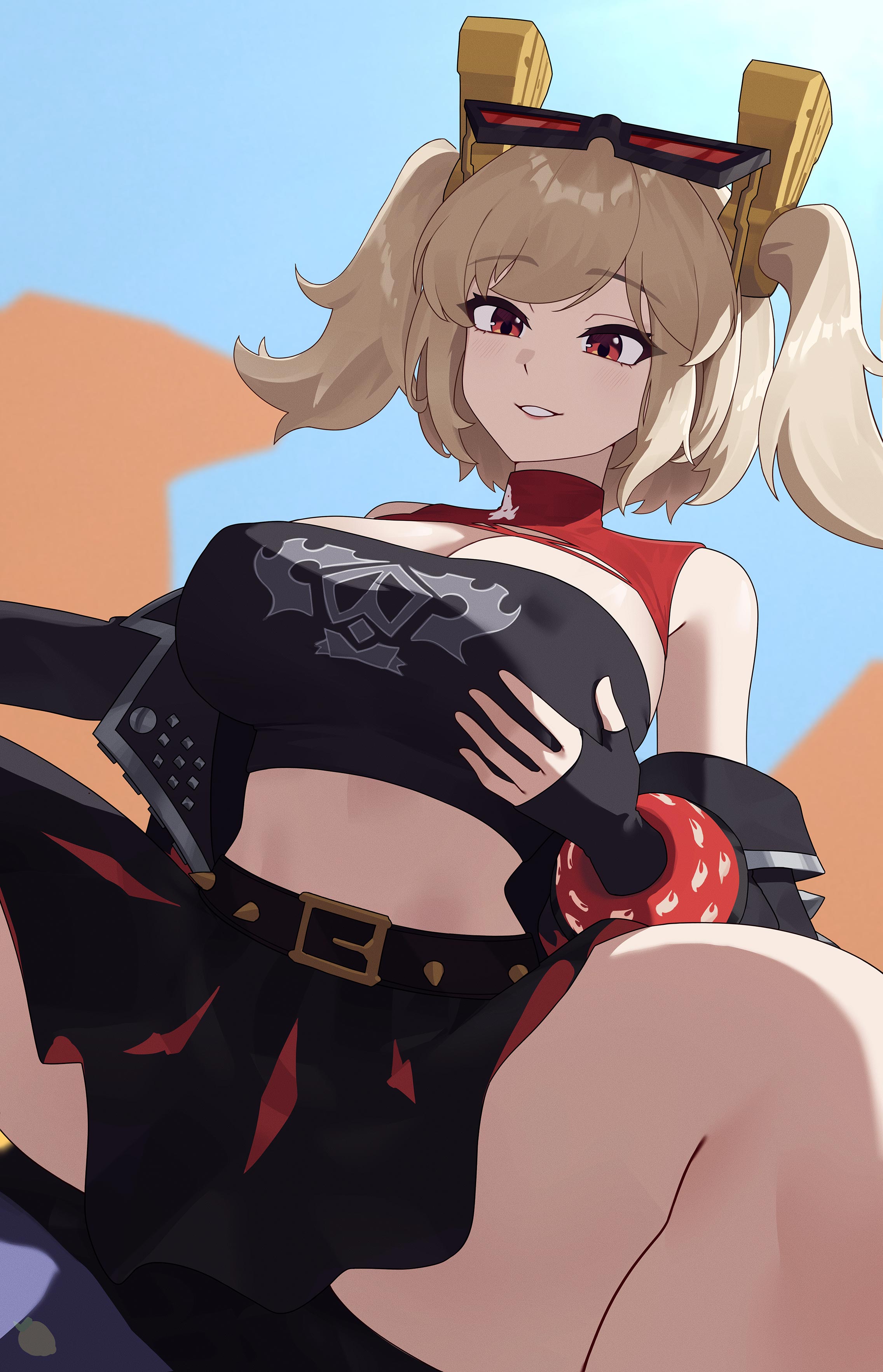 1girls, absurdres, belt, black jacket, black skirt, blonde hair, burnice white, covered erect nipples, crop top, cropped jacket, eyewear on head, giyeodeo, grin, highres, jacket, red eyes, simple background, skirt, smile, solo, sunglasses, thick thighs, thighs, twintails, zenless zone zero