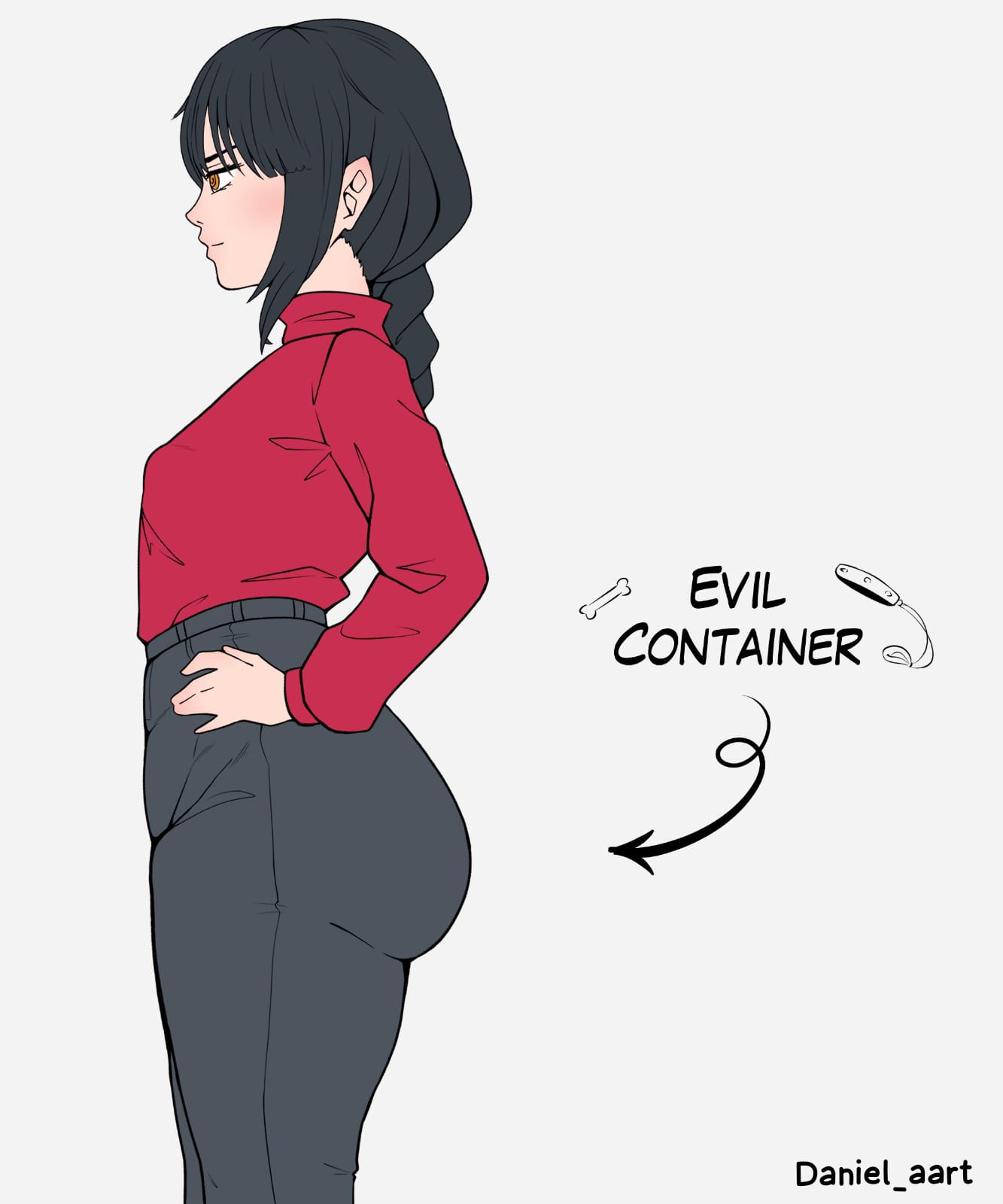 ass, big ass, big butt, big thighs, black hair, black pants, blush, breasts, chainsaw man, clothed, clothing, daniel aart, evil container, female, meme, nayuta (chainsaw man), orange eyes, profile, red clothing, small breasts, smaller female, solo, text, thick ass, thick legs, thick thighs, white skin