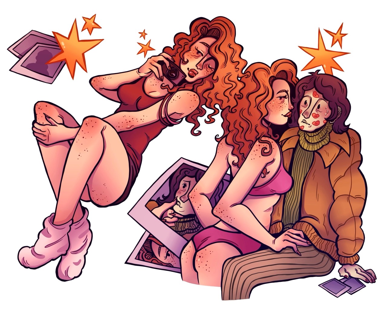 1boy, 1boy1girl, 1girl, 1girls, camera, coat guy (no, i'm not a human), freckles, freckles on ass, freckles on face, kiss mark, kiss mark on face, no, i'm not a human, red hair, seductive woman (no, i'm not a human), tagme