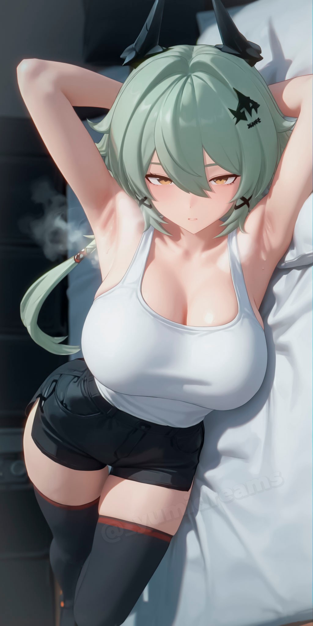  yumidreams, ai generated, armpit, armpit fetish, armpit focus, armpit peek, armpits, bedroom, black horn, black thighhighs, breasts, caesar king, caesar king (zenless zone zero), green hair, horns, large breasts, looking at viewer, on bed, on side, ponytail, short shorts, shorts, side slit, smell, smell fetish, sweat, sweaty, sweaty armpits, thighhighs, white tank top, yellow eyes, zenless zone zero