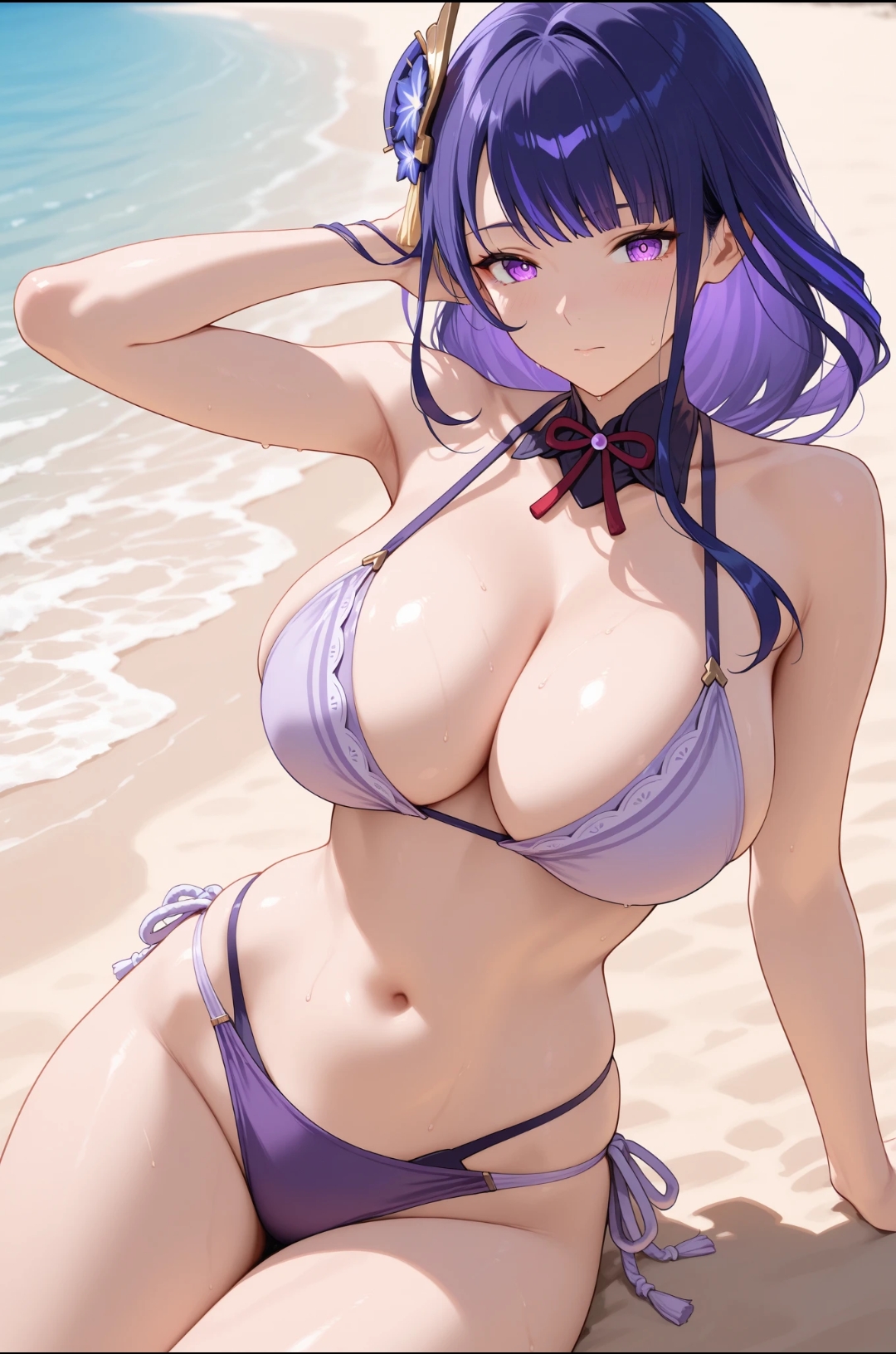 ai generated, beach, big breasts, bikini, genshin impact, purple hair, raiden shogun