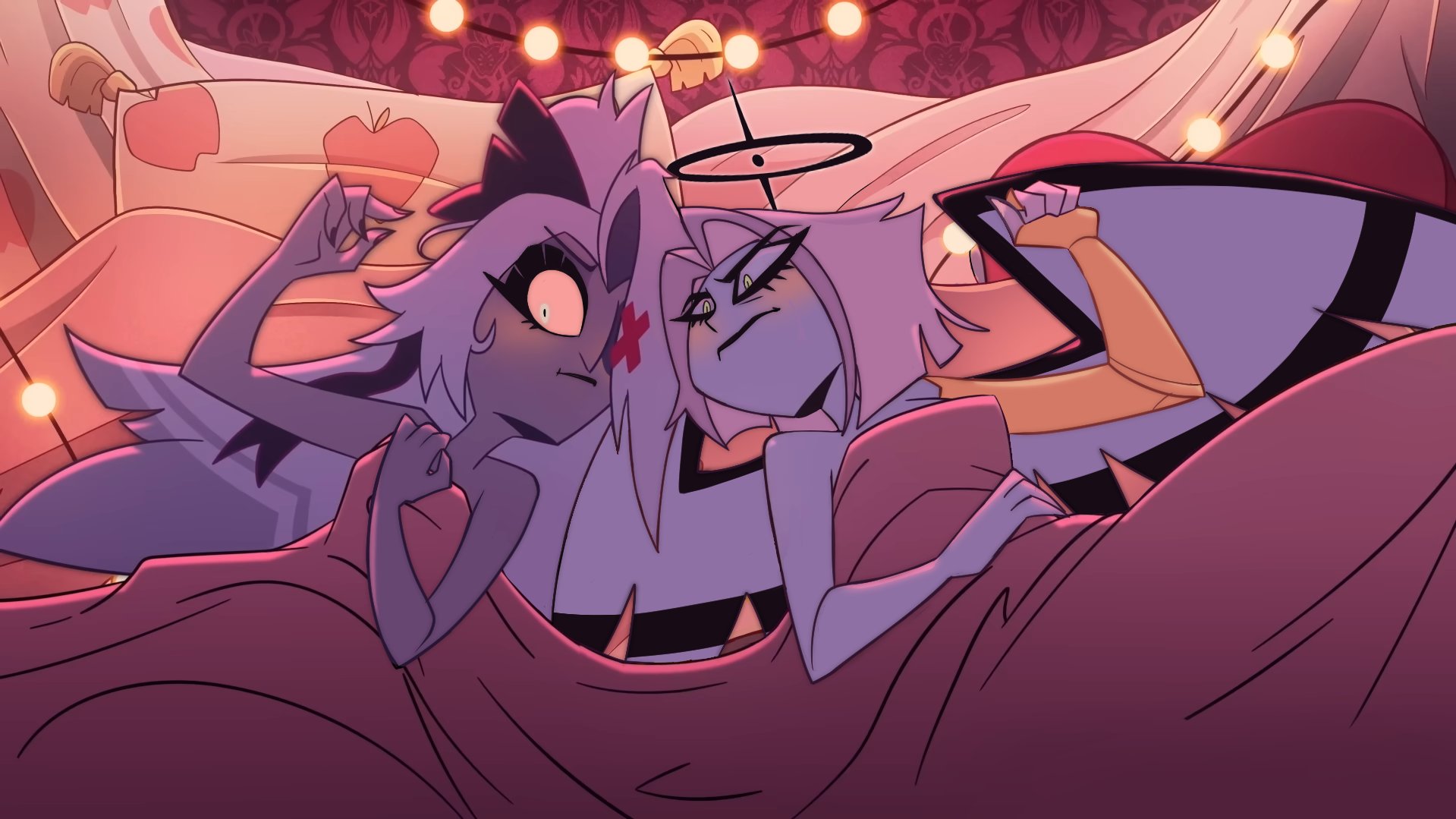 2angels, 2girls, accurate art style, after lesbian sex, after sex, angel, angel girl, angel girls, angels, blush, edit, enemies, enemies with benefits, fallen angel, female, female only, female/female, grey body, grey skin, halo, hazbin hotel, hellaverse, lute (hazbin hotel), on bed, post-sex, prosthetic arm, screencap, spindlehorse toons, vaggie (hazbin hotel), vivienne medrano, vivziepop, white body, white hair, yellow eyes, yuri