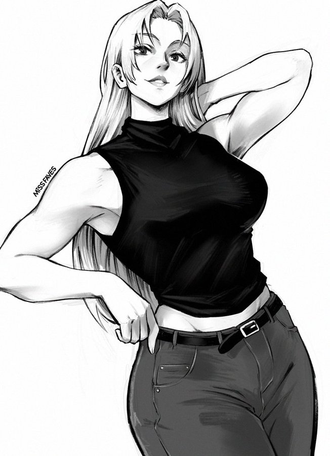 1girls, clothed, clothed female, female, female only, greyscale, jujutsu kaisen, missfaves, monochrome, solo, tank top, yuki tsukumo