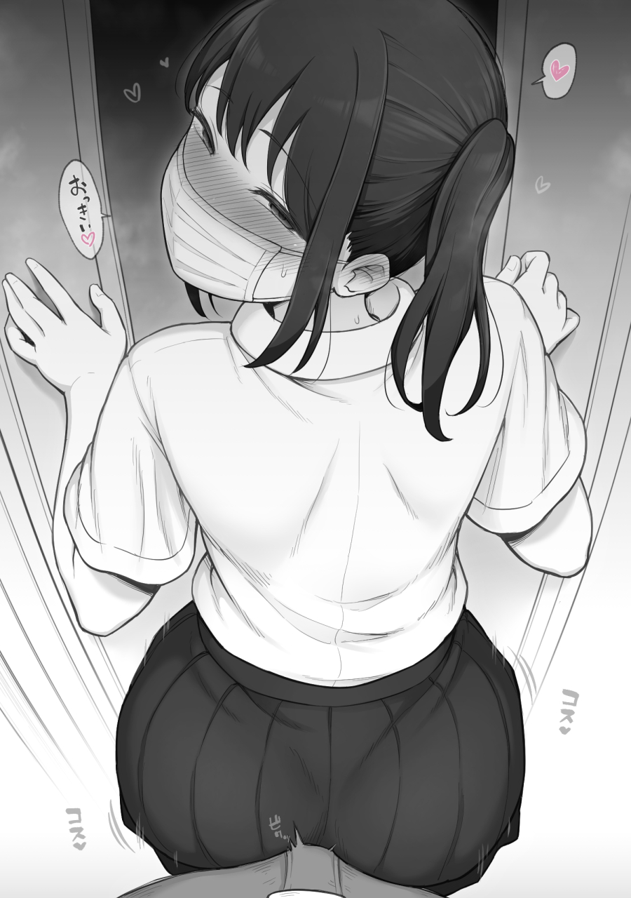 1boy, against door, against glass, ass, blush, buttjob, buttjob over clothes, contllenge, dress shirt, dry humping, female, from behind, frottage, greyscale, grinding, grinding on penis, grinding through clothes, grope, groping, heart, highres, humping, looking at viewer, looking back, mask, miniskirt, monochrome, mouth mask, naughty face, original, penis, pleated skirt, pov, pov crotch, school uniform, shirt, short sleeves, skirt, solo focus, spoken heart, teasing, train, twintails