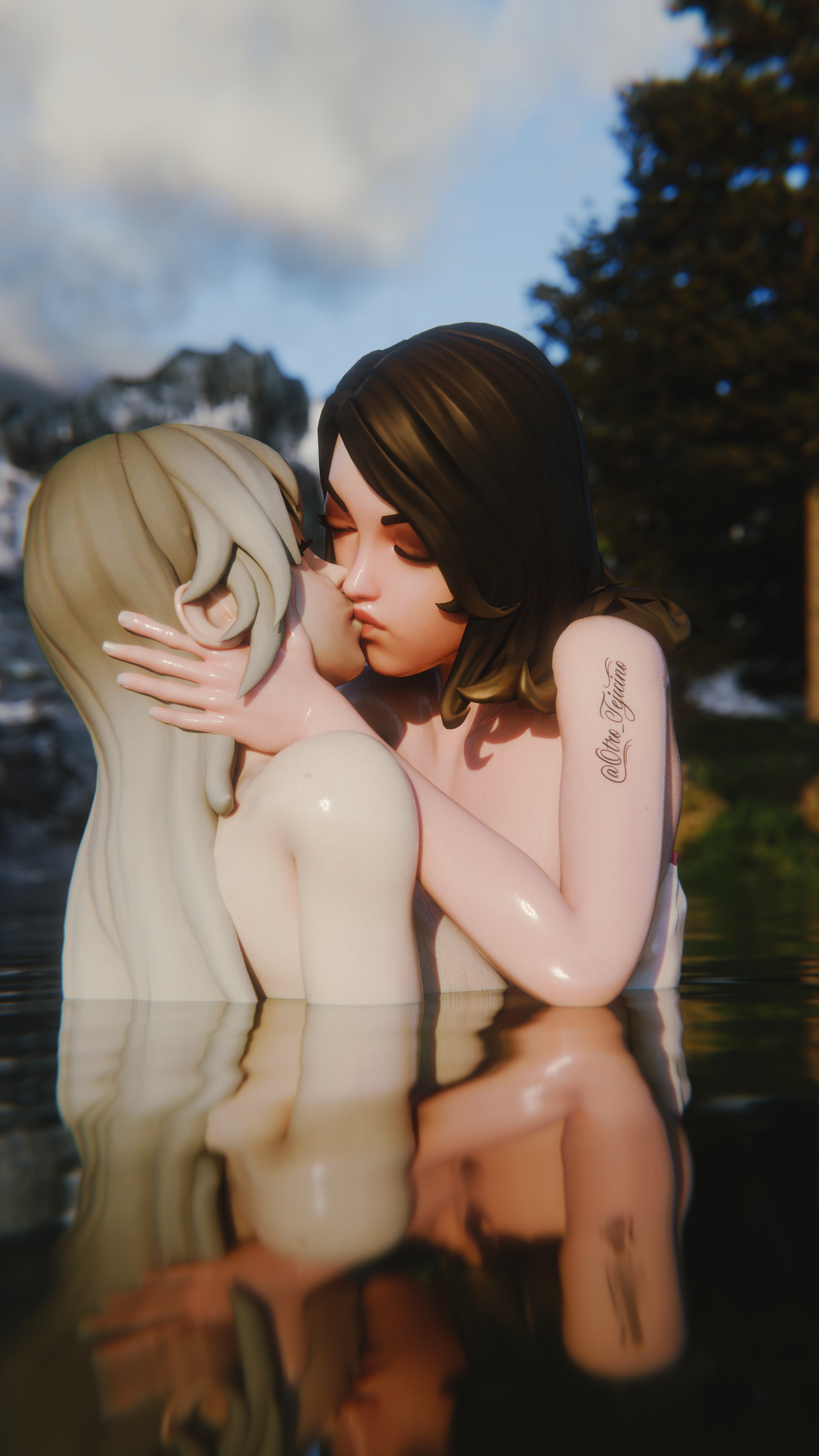 2girls, 3d, 3d (artwork), blender, day, daytime, epic games, fortnite, fortnite: battle royale, kissing, lesbian kiss, lesbian sex, lexa (fortnite), naked, otro tejuino, pond, princess lexa (fortnite), skye (fortnite), water, watermark, yuri