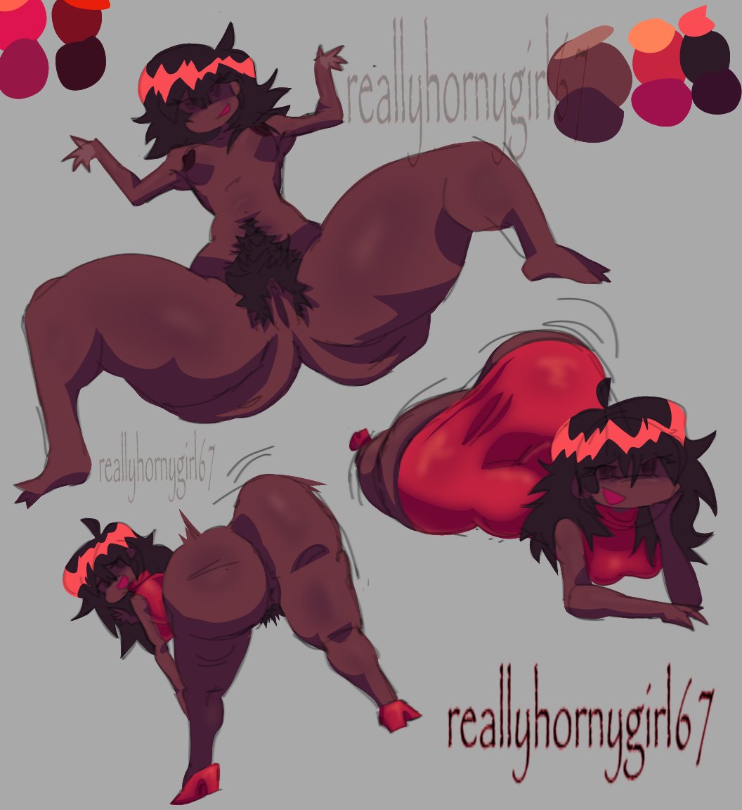 alternate skin color, artist request, ass peek, big ass, big breasts, blackwashed, bush, bushy eyebrows, clapping ass, clapping cheeks, clothing, dark nipples, dark skin, dark-skinned female, dress, fat ass, friday night funkin, girlfriend (friday night funkin), gray background, hairy pussy, long hair, lying, open legs, pubic hair, race swap, reallyhornygirl67, showing ass, showing pussy, smiley face, thick ass, twerking, wobbling ass