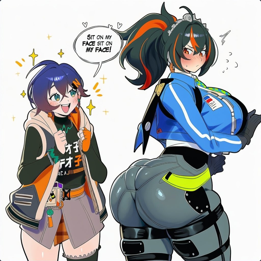 2girls, ai generated, asian, asian female, asking for it, ass, belle (zenless zone zero), black hair, blue eyes, blush, breasts, bubble butt, chinese female, cop, dark blue hair, dialogue, female, female only, hair clip, hair ornament, high ponytail, large ass, large breasts, lovelyzen, orange eyes, pale skin, pale-skinned female, police, police uniform, policewoman, ponytail, short female, spankable ass, speech bubble, tall female, two-tone hair, zenless zone zero, zhu yuan