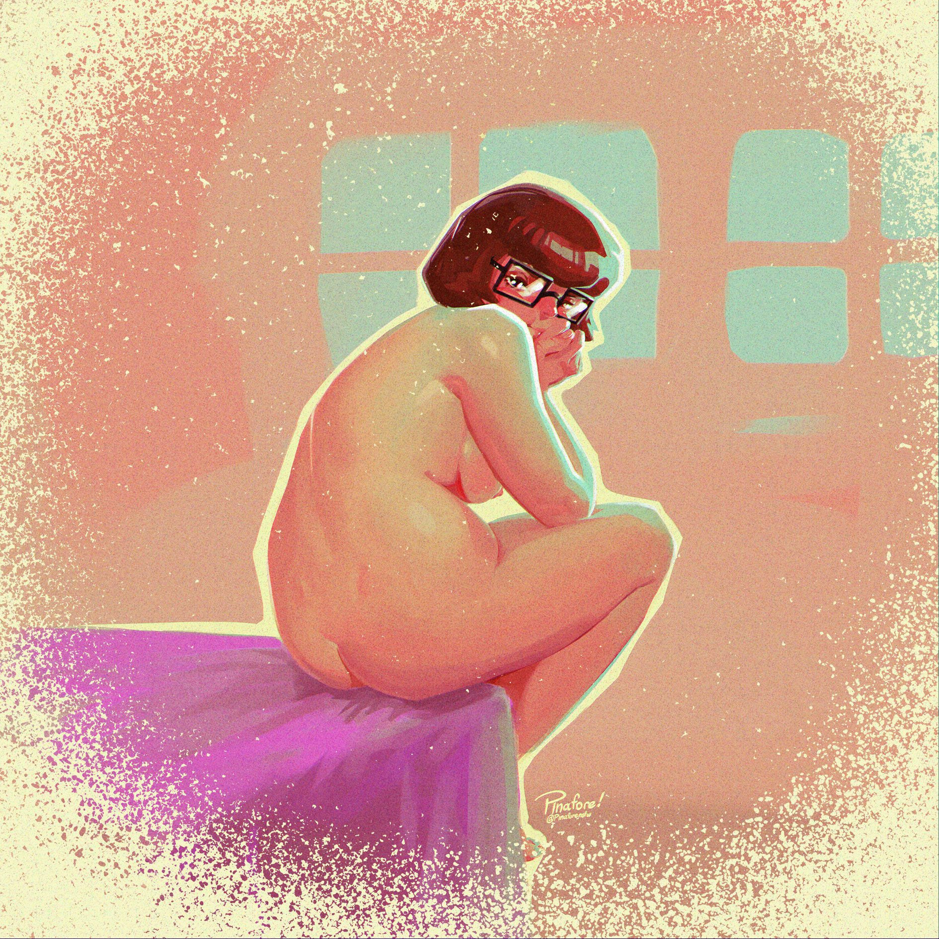 1girls, ass, bed, breasts, female, nude, pinafore (artist), scooby-doo, sitting, tagme, velma dinkley