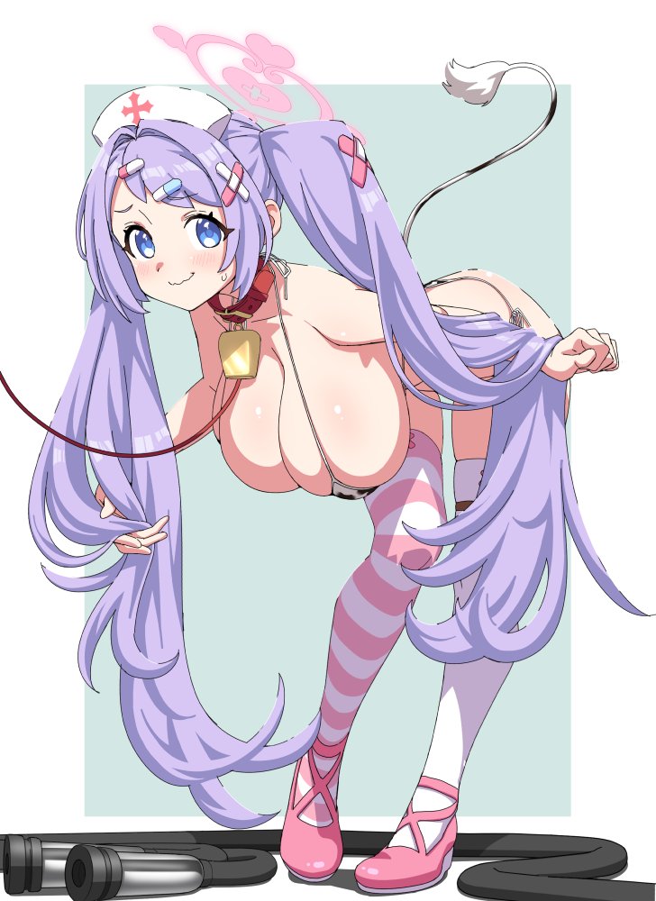 1girls, big breasts, bikini, blue archive, chikuishi, collar, cow print, cow tail, cowbell, female, female only, hair decoration, halo, hanae (blue archive), leash pull, loliconder, milking machine, purple hair, remedial knights (blue archive), stockings, trinity general school student, twintails