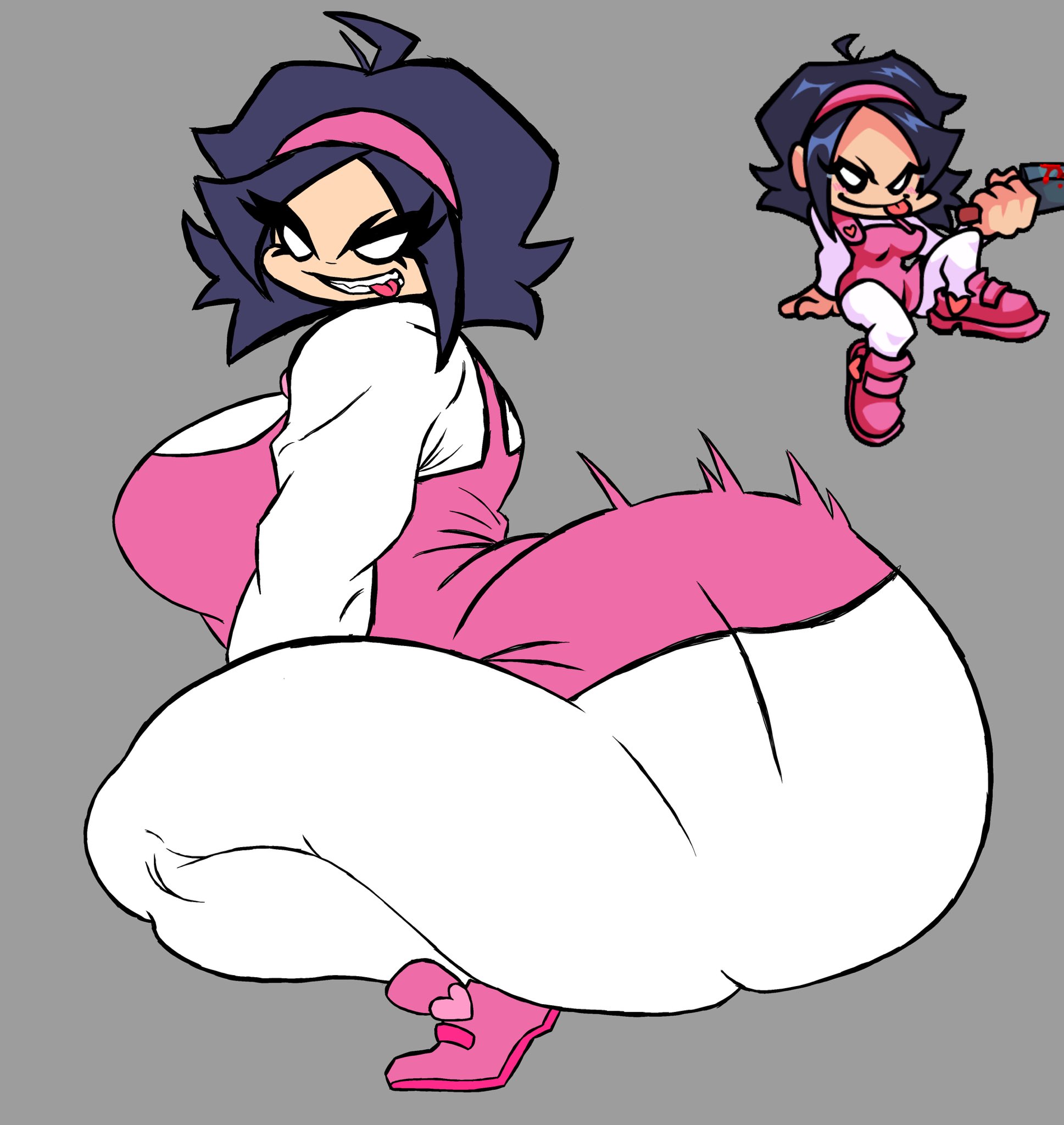 alt, alternate version available, ass bigger than breasts, ass bigger than head, big ass, big breasts, biting tongue, bitting, clothed, clothing, dark blue hair, fat ass, friday night funkin, gray background, huge ass, kneeling, large breasts, looking at viewer, naughty, naughty face, nene (newgrounds), newgrounds, short hair, skullvert, thick thighs, thighhighs, thighs, throwing, throwing it back, twerking, twerking position, white eyes