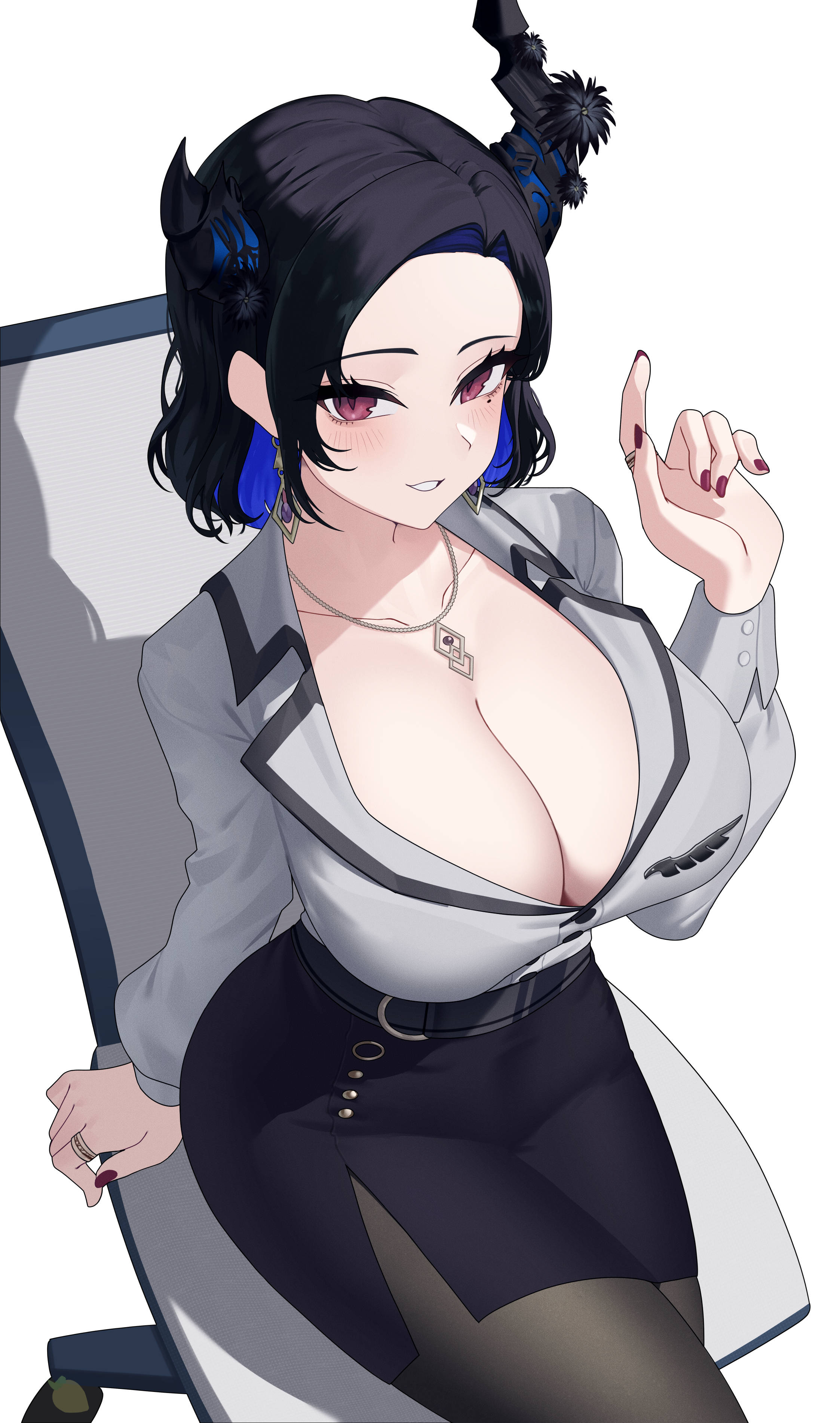 1girls, absurdres, alternate breast size, alternate costume, asymmetrical horns, black hair, black skirt, blue hair, blush, breasts, cleavage, colored inner hair, demon horns, earrings, giyeodeo, highres, hololive, hololive english, hololive english -advent-, horns, huge breasts, jewelry, mole, mole under eye, multicolored hair, nerissa ravencroft, nerissa ravencroft (casual), official alternate costume, official alternate hair length, official alternate hairstyle, pantyhose, red eyes, shirt, short hair, skirt, two-tone hair, uneven horns, virtual youtuber, white shirt