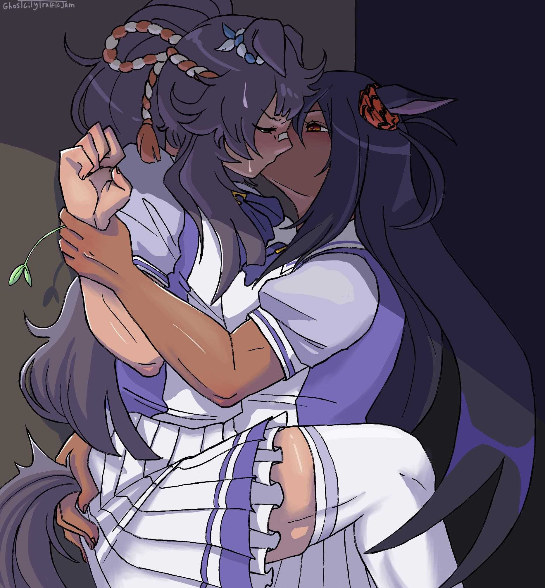 2girls, against wall, animal ears, assertive female, female only, female/female, femdom, fully clothed, ghostcitytrafficjam, ghostctytrffcjm, grabbing another's arm, grabbing another's ass, grabbing tail, grabbing wrist, hishi amazon (umamusume), horse girl, kissing, leg lift, lesbian, lesbian kiss, muscular female, narita brian (umamusume), school uniform, umamusume, yuri