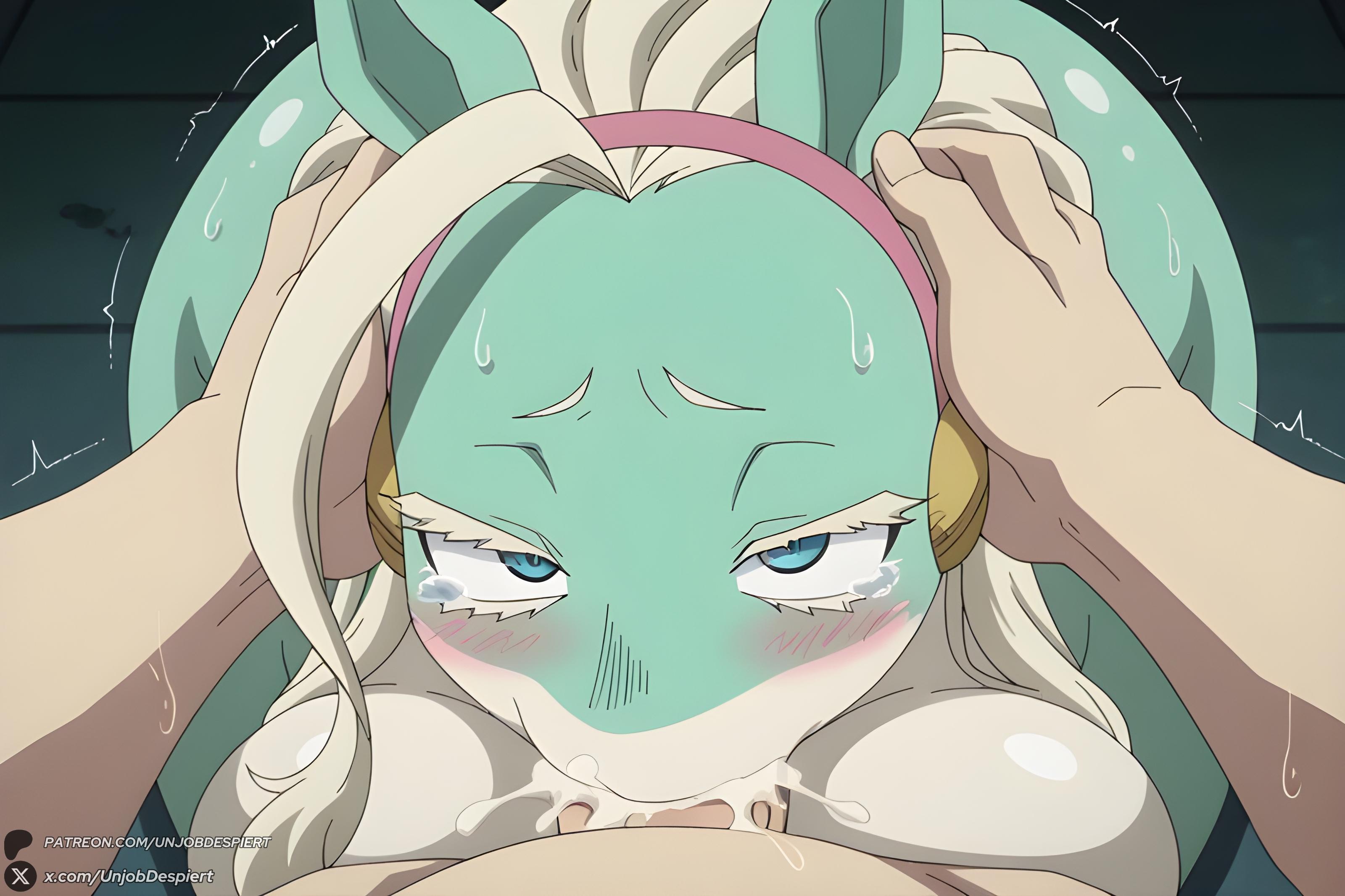 1boy, 2025, ai generated, animal ears, artist name, big ass, big breasts, blue eyes, blush, boku no hero academia, breasts, colored skin, completely nude, cum, cum in mouth, cum in nose, curvy, deepthroat, fellatio, female, hands on another's head, hi res, high quality, high resolution, highres, horse ears, huge ass, huge breasts, interspecies, ippan josei, irrumatio, large breasts, long hair, looking at viewer, my hero academia, oral, overflow, patreon, patreon username, penis, pov, rolling eyes, solo focus, straight, sweat, tears, unjobdespiert, watermark, white hair