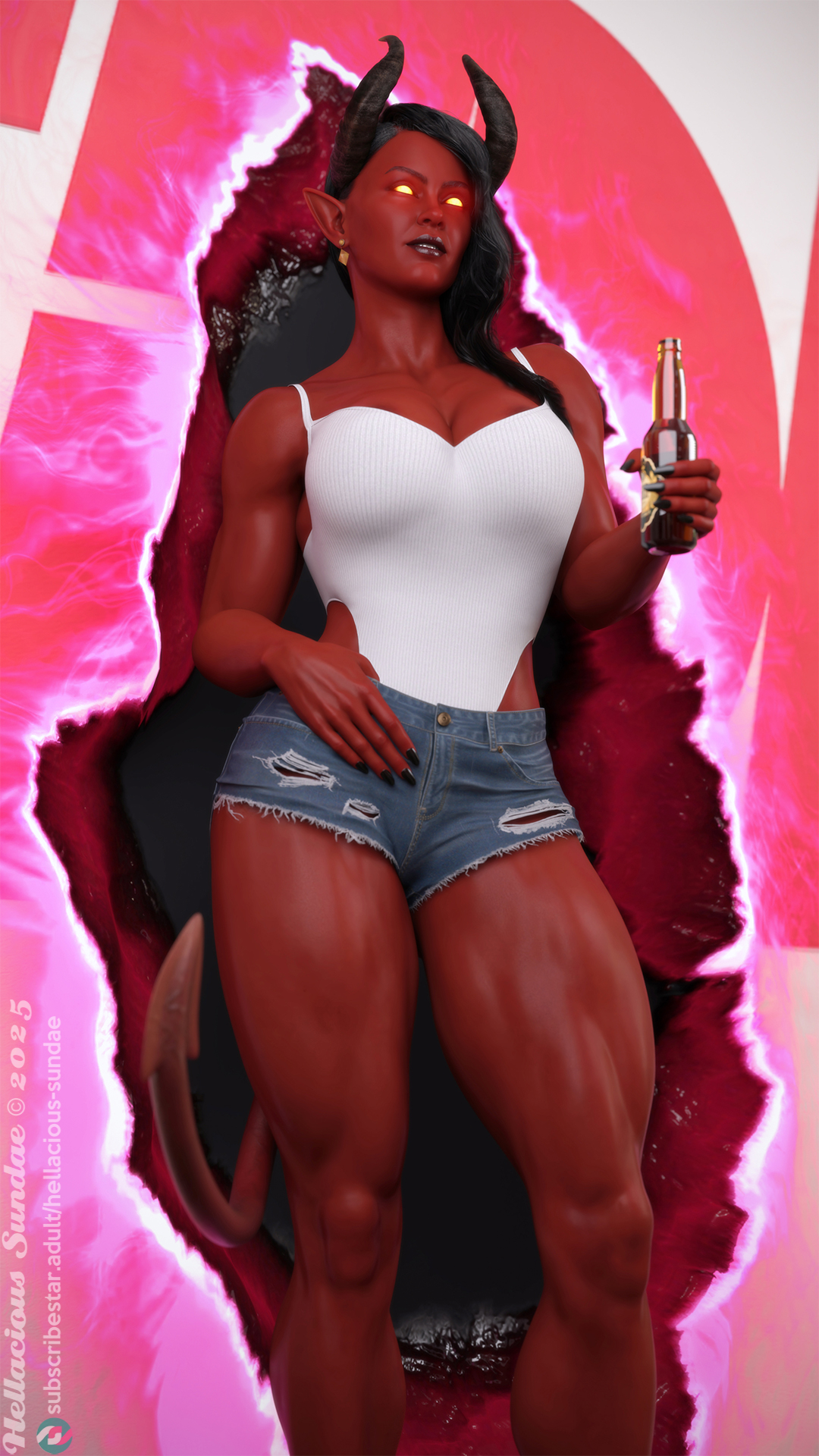 1female, 1girls, alcohol, ass, beer, beer bottle, big ass, big breasts, black hair, black nails, breasts, demon, dispatch (game), female, female only, glowing eyes, hellacious sundae, horns, jean shorts, malevola gibb, mature, mature body, mature figure, mature woman, milf, mommy, muscle mommy, muscles, muscular, muscular abs, muscular arms, muscular biceps, muscular female, muscular legs, muscular shoulders, muscular thighs, red skin, shorts, solo, solo female, standing, tail, tank top, thick, thick ass, thick thighs, thighs, voluptuous, voluptuous female, white tank top, wide hips
