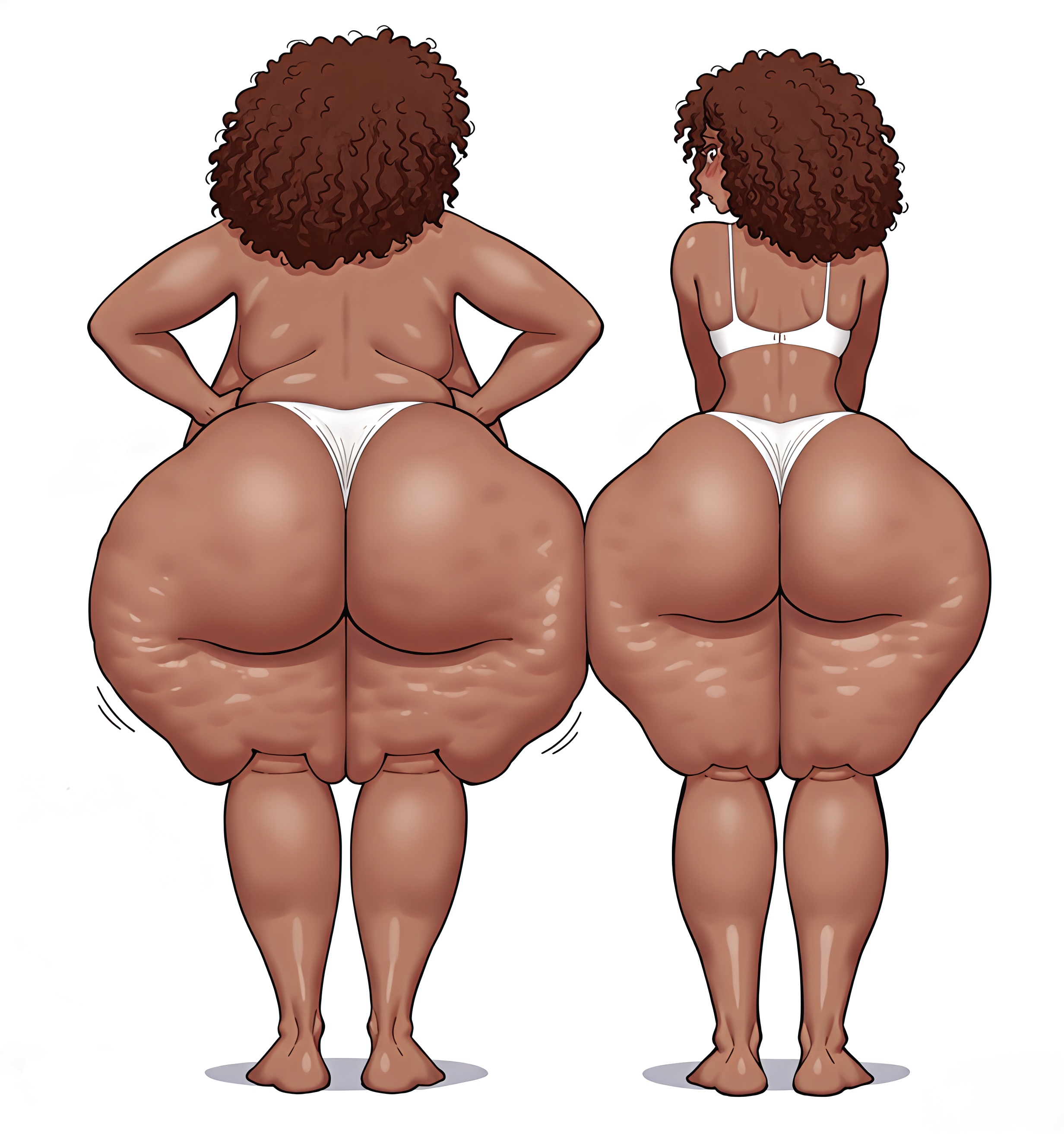 2girls, african female, afro, ai generated, ass, ass focus, back view, bbw, bbw mom, big ass, big breasts, big thighs, black woman, blushing, bottom heavy, bra, bra and panties, brown hair, cellulite, curly hair, dark skin, dark-skinned female, female, female only, hands on hips, huge ass, huge breasts, huge thighs, looking back, looking back at viewer, mature, mature female, mature woman, milf, mother and daughter, original, original characters, panties, plump, sagging breasts, slim waist, thick thighs, thighs, viewed from behind
