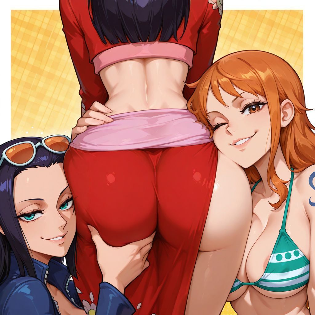 3girls, ai generated, arm tattoo, ass, ass focus, big ass, black hair, black-haired female, blue tattoo, boa hancock, female, female only, light skin, light-skinned female, nami (one piece), nico robin, one piece, orange hair, orange-haired female, royal, royalty, tagme, tattoo, trio, yuri