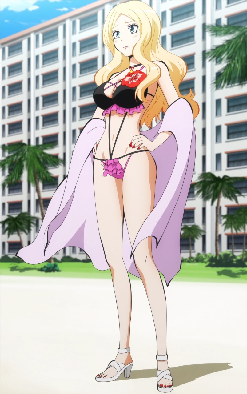1girls, anime, assassin, assassination classroom, beach, big breasts, bikini, blonde hair, blonde-haired female, breasts, canonical scene, female, irina jelavic, official art, official style, painted nails, screencap, screenshot, solo female, teacher