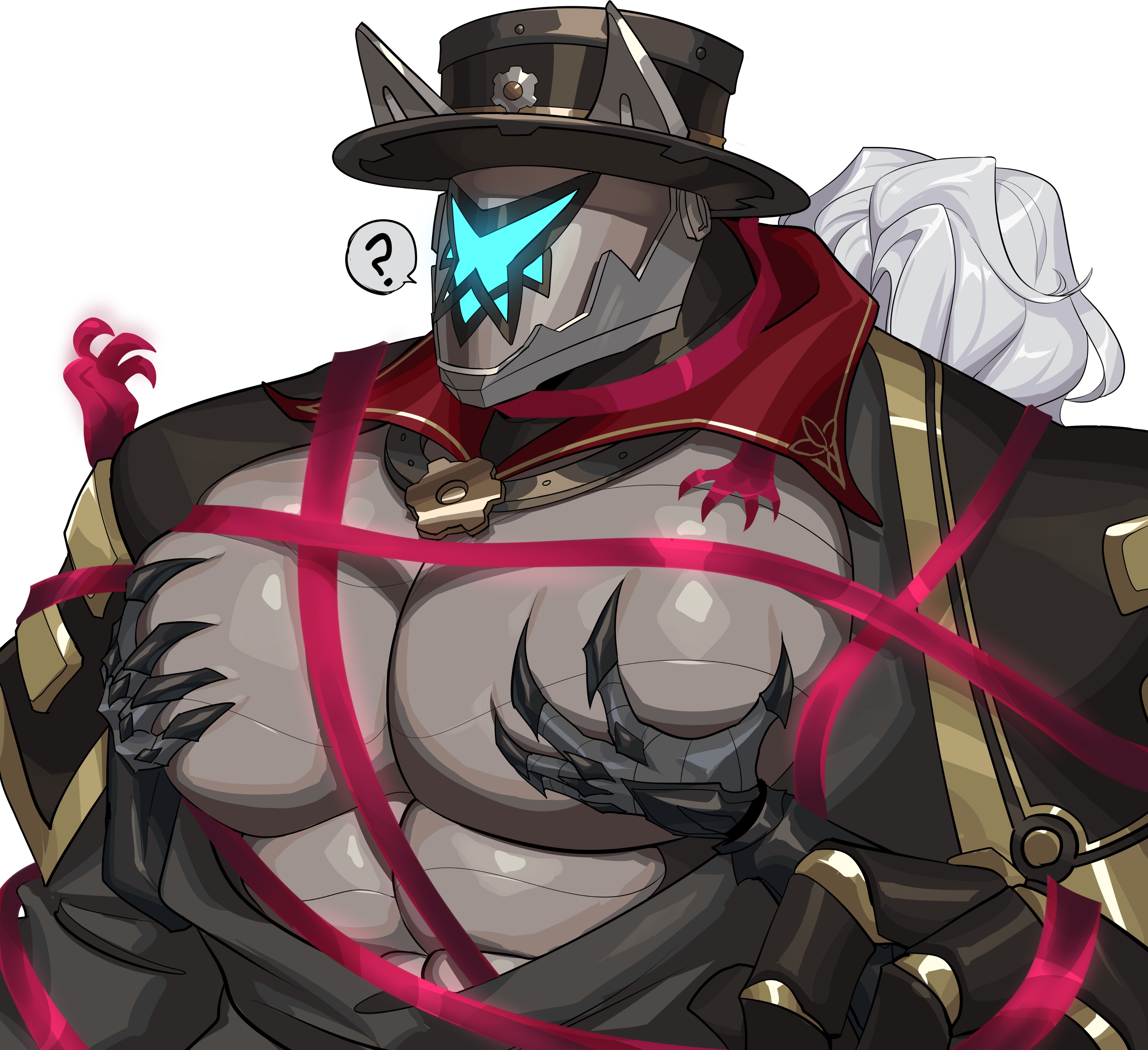 1boy, 1robot, 2boys, absurd res, absurd resolution, absurdres, bara, bondage, flanco, gay, genshin impact, huge pecs, interspecies, mihoyo, muscular, muscular anthro, muscular male, open topwear, pulonia (genshin impact), rerir (genshin impact), restrained, shibari, shibari bondage, shibari over clothes, squeezing, squeezing pecs, tentacle, tentacle hands, tentacles, tied, tied up, upper body, upper body focus, upper body only