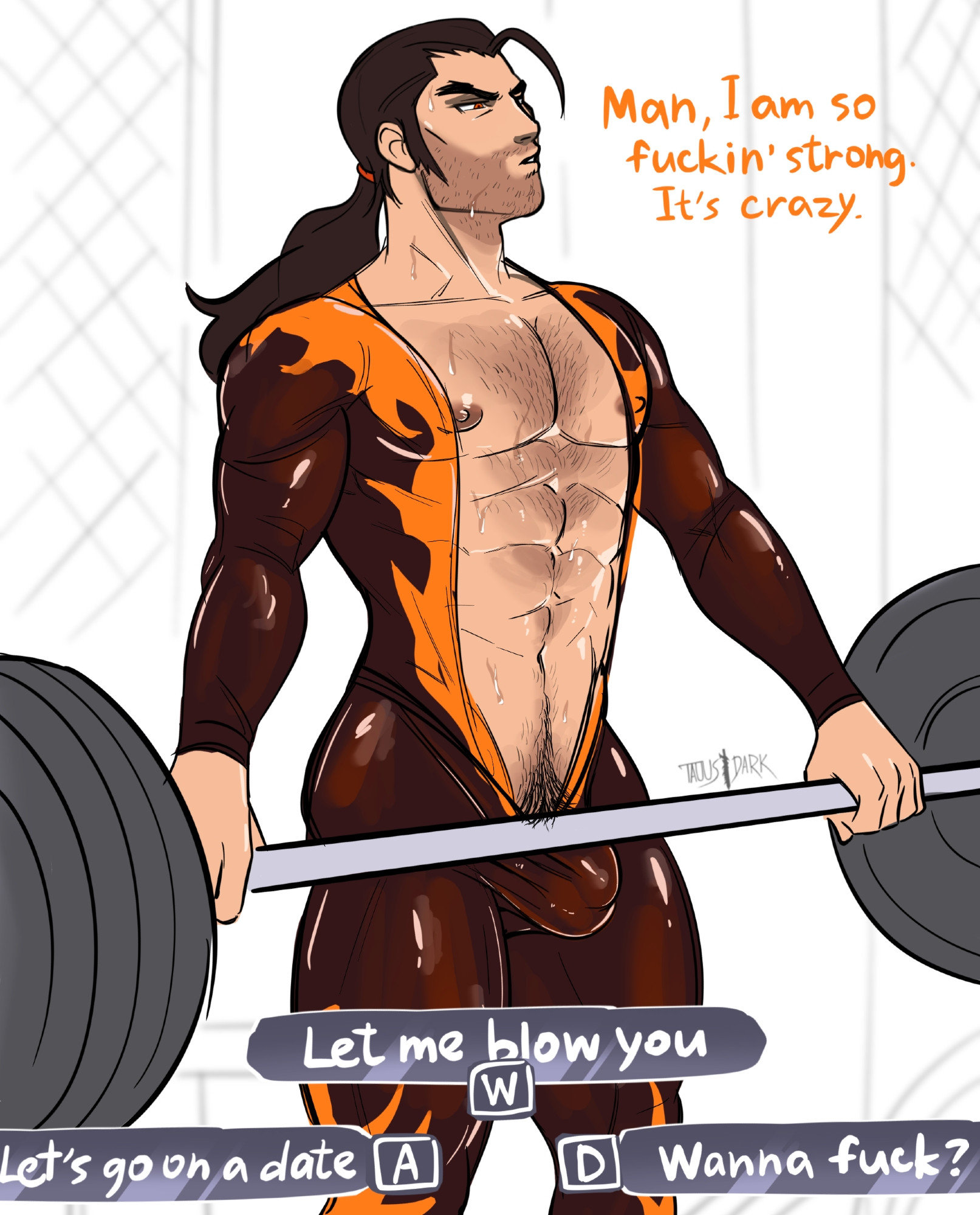 bulge, chest hair, dispatch (game), flambae, gameplay mechanics, gay, gym, hairy, hairy chest, male, male only, muscular, muscular male, ponytail, solo, taous dark, weightlifting