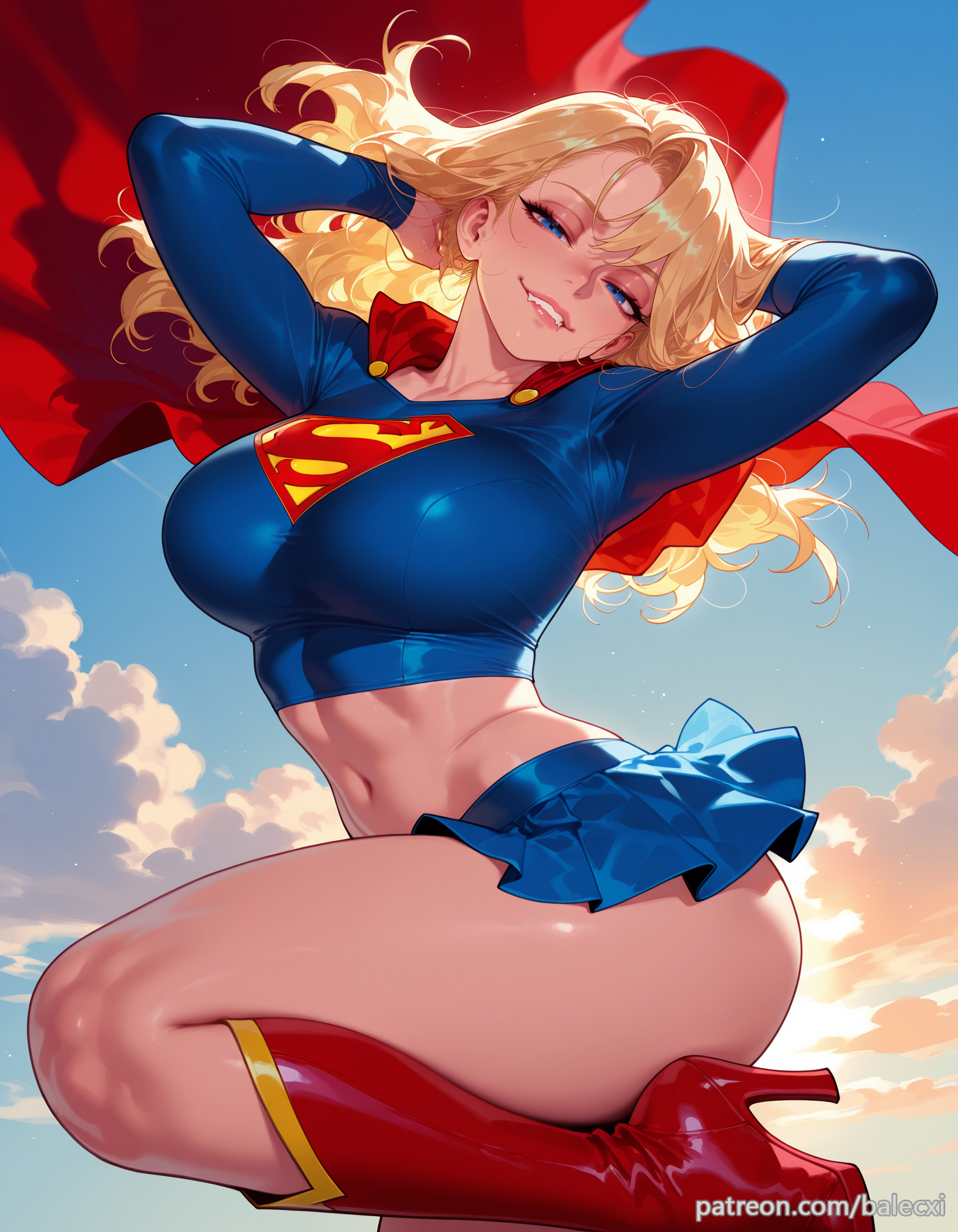 ai generated, balecxi, blonde hair, blue eyes, blue skirt, boots, cloud, crop top, dc, dc comics, female, high heels, kara zor-el, large breasts, long hair, long sleeves, looking at viewer, midriff, navel, red cape, red footwear, sky, smile, solo, supergirl, supergirl (series), superman (series), thighs