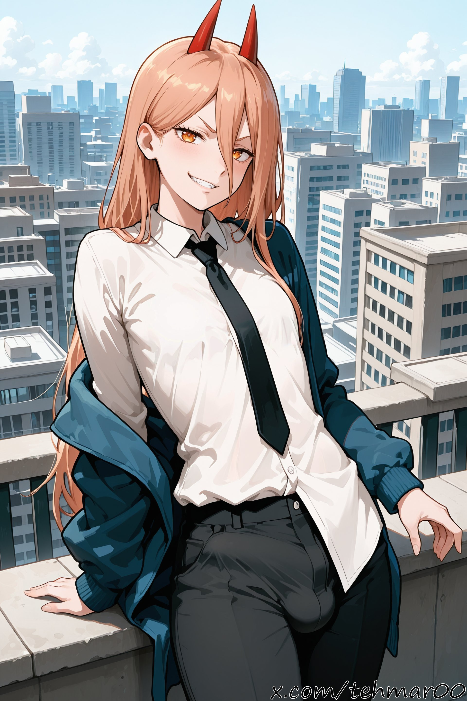 1boy, ai generated, black necktie, black pants, blue jacket, blue sky, bulge, chainsaw man, city, cityscape, cloud, collared shirt, cowboy shot, cross-shaped pupils, day, demon horns, femboy, genderswap (ftm), grin, hair between eyes, horns, jacket, long hair, long sleeves, looking at viewer, male, male power, necktie, off shoulder, open clothes, open jacket, orange eyes, outdoors, pants, power (chainsaw man), railing, red horns, rule 63, sharp teeth, shirt, sky, smile, solo, tagme, teeth, tehmar, trans woman, transfem, trap, white shirt