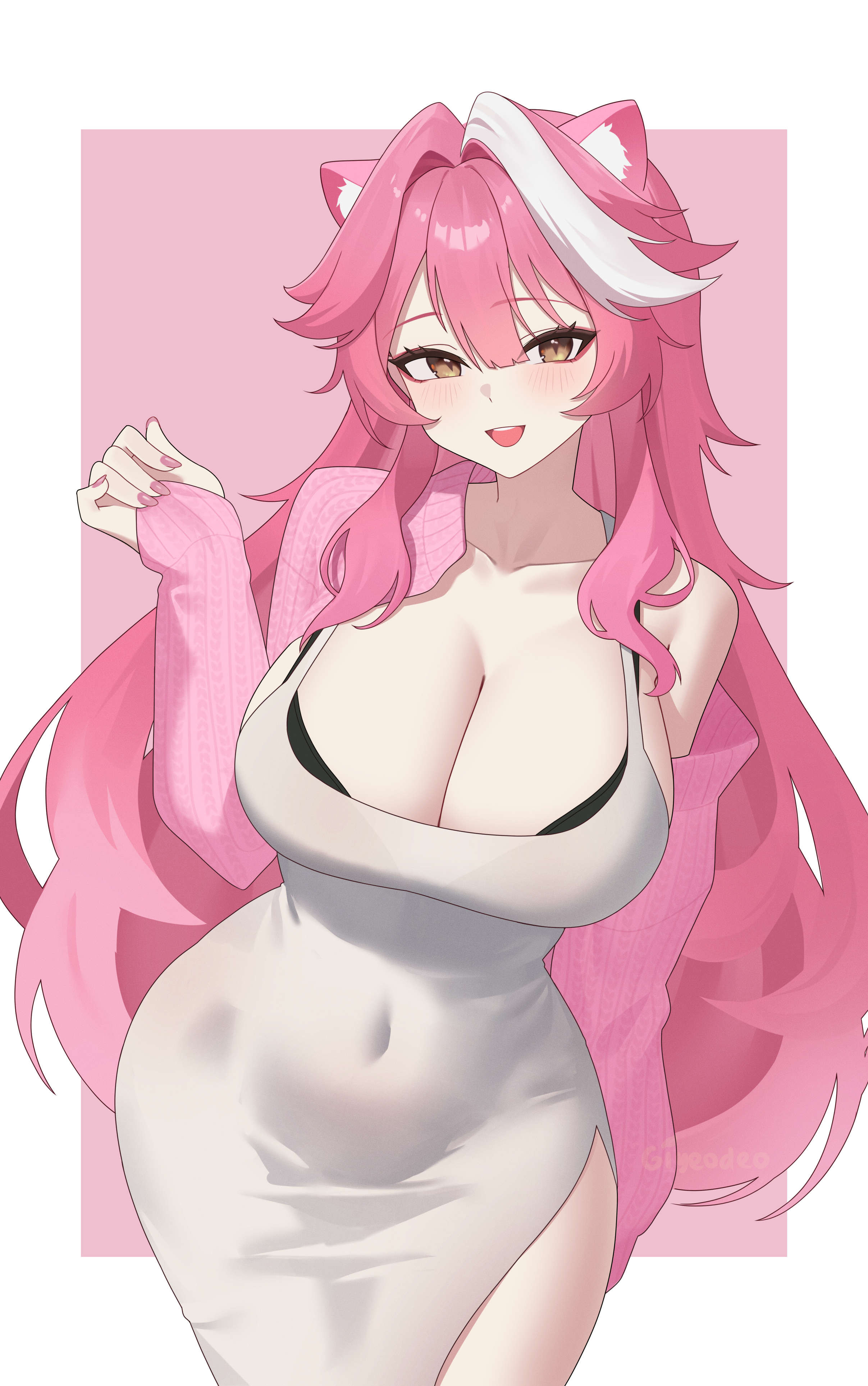 1girls, absurdres, animal ears, artist name, black bra, blush, bra, breasts, cardigan, cleavage, collarbone, commentary, covered navel, dongtan dress, dress, eyeshadow, fingernails, giyeodeo, hair intakes, highres, hololive, hololive english, hololive english -justice-, huge breasts, italian, large breasts, long hair, long sleeves, looking at viewer, makeup, multicolored hair, nail polish, open mouth, panther ears, panther girl, pink background, pink cardigan, pink eyeshadow, pink hair, pink nails, raora panthera, ribbed cardigan, single bare shoulder, sleeves past wrists, smile, solo, streaked hair, teeth, two-tone background, two-tone hair, underwear, upper teeth only, virtual youtuber, white background, white dress, white hair, yellow eyes