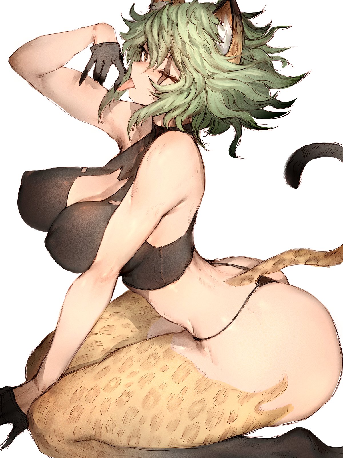 animal ear fluff, animal ears, bare shoulders, breasts, cleavage, covered erect nipples, curvy, female, fumio (rsqkr), gloves, green hair, highres, hip focus, large breasts, leopard ears, leopard girl, leopard tail, lips, long hair, looking at viewer, narrow waist, original, short hair, simple background, solo, tail, thick thighs, thighs, white background, wide hips