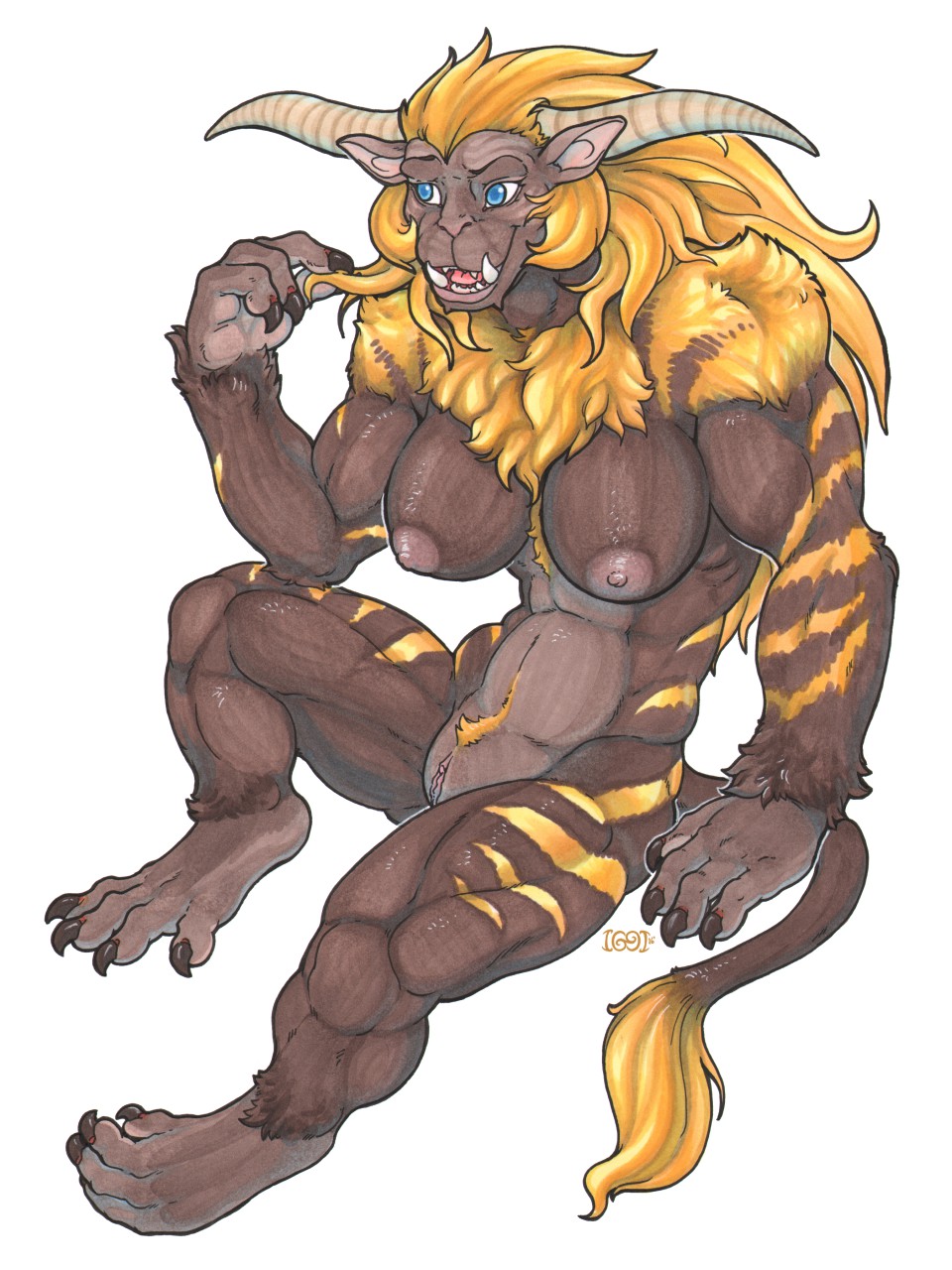 2016 anthro anthrofied areola big_breasts blonde_hair blue_eyes breasts brown_fur capcom claws clitoris english_text fanged_beast female fur hair hi_res horn iggi long_hair mammal monster_hunter nipples nude open_mouth pointy_ears pubes pussy rajang sharp_teeth signature simple_background sitting smile solo teeth text toe_claws tuft video_games white_background yellow_fur