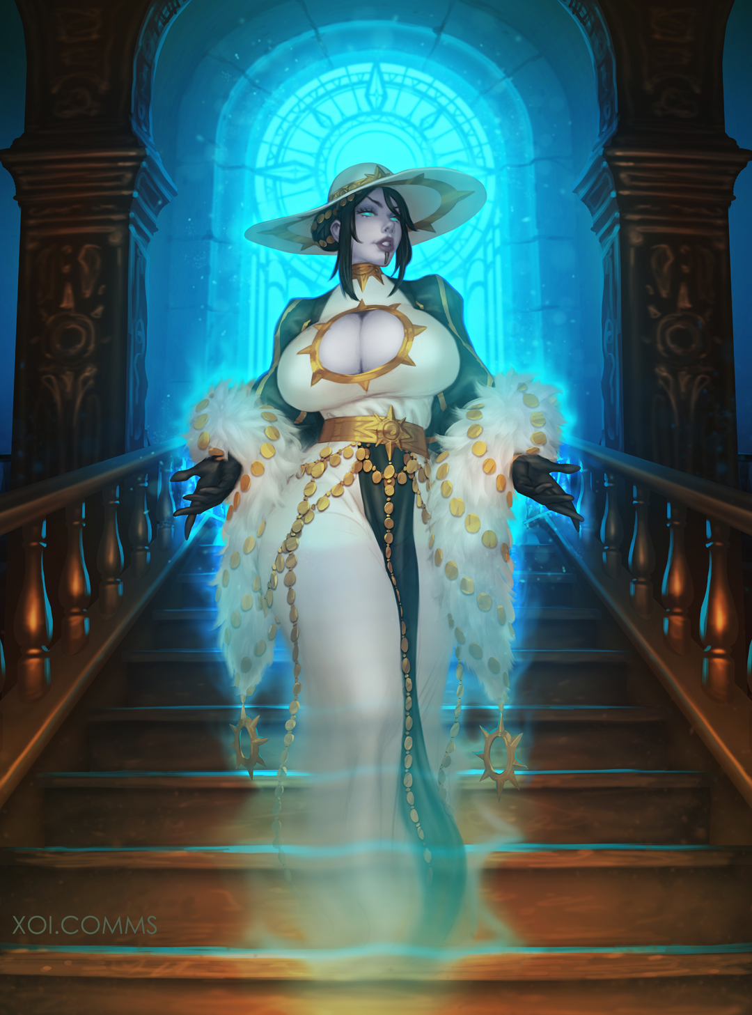 1girls, 2d, 2d (artwork), black hair, breasts, cleavage cutout, dress, female, ghost, ghost girl, grey skin, huge breasts, indoors, joixxx, long dress, long sleeves, magic the gathering, solo, stairs, sun hat, teysa karlov, transparent body, wide hips