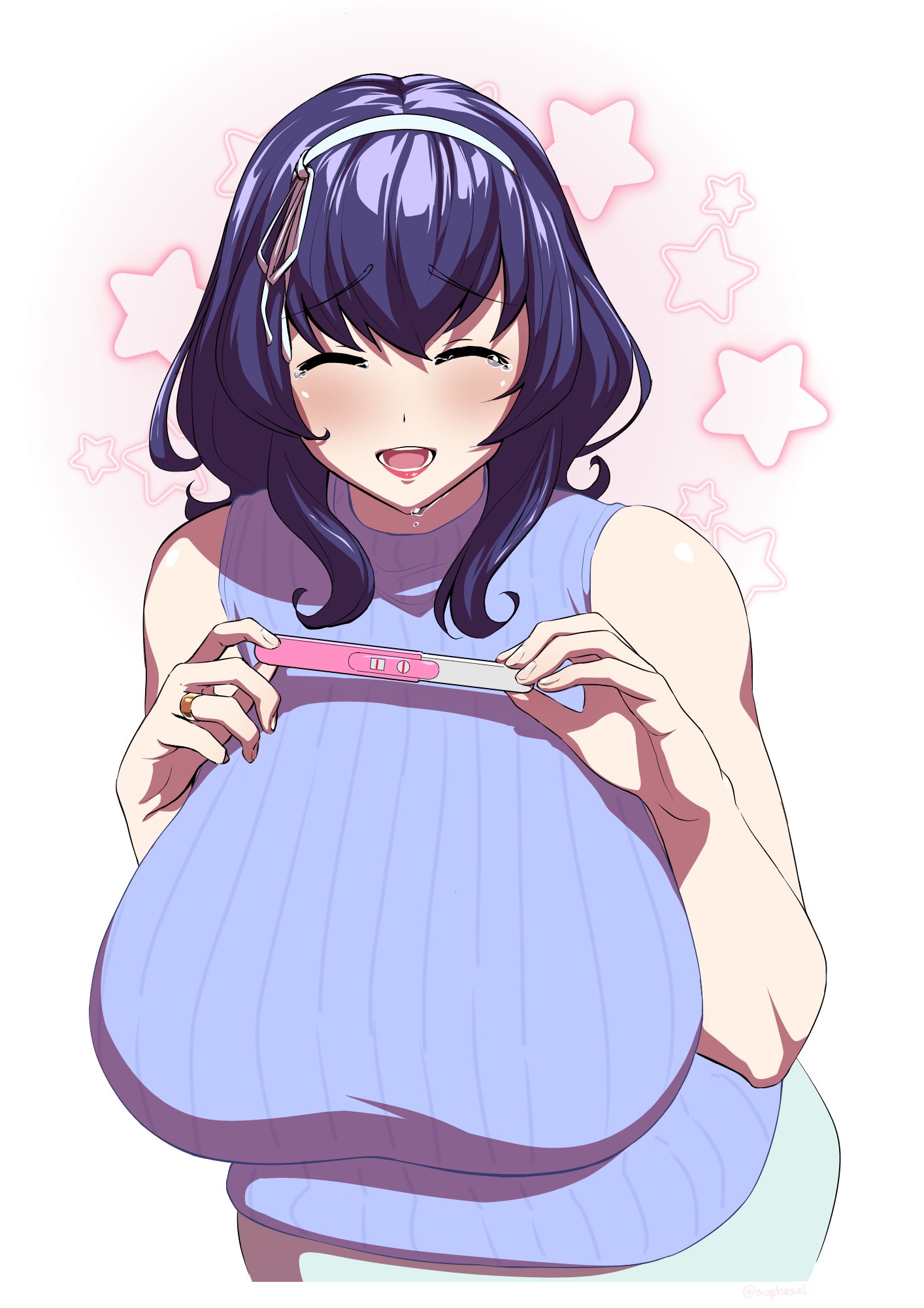 1girls, artist request, big breasts, blue hair, blush, child bearing hips, crying, curvy, female, female only, happy tears, huge breasts, large breasts, light skin, mature female, milf, pregnancy test, seikon no qwaser, smile, solo, tears, voluptuous, wholesome, wide hips, yamanobe tomo