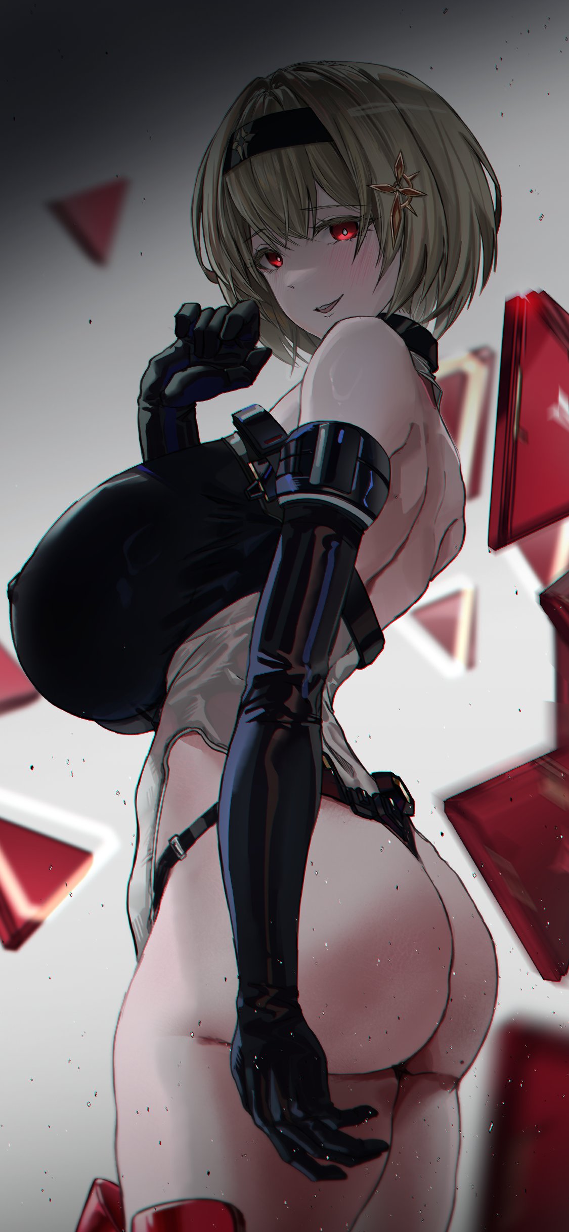1girls, ass, ass focus, back, big ass, blonde hair, blush, bob cut, breasts, breasts bigger than head, disgustingtokki, eyebrows visible through hair, female, female only, goddess of victory: nikke, hair ornament, hairband, hips, huge breasts, leotard, light skin, light-skinned female, long gloves, looking at viewer, mostly clothed, motion blur, nipple bulge, red eyes, red shoes (nikke), sideboob, smile, smiling at viewer, solo, tagme, thick thighs, thighs, tight clothing