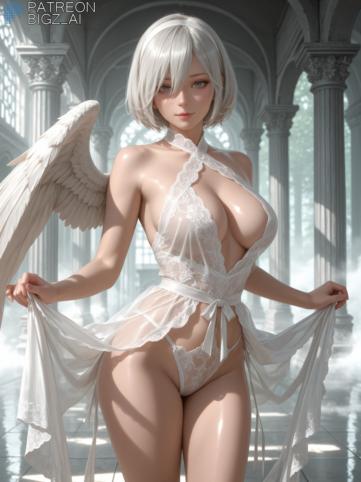 1girls, absurd res, ai generated, angel, angel wings, artist name, big breasts, bigz ai, breasts, cleavage, curvy, curvy figure, feathered wings, feathers, female, headband, headgear, heaven, highres, large breasts, light skin, light-skinned female, lingerie, looking at viewer, nier, nier (series), nier: automata, panties, paradise, pillar, pose, posing, presenting, shiny skin, short hair, single wing, teasing, temple, thick thighs, thighs, white hair, wide hips, yorha 2b