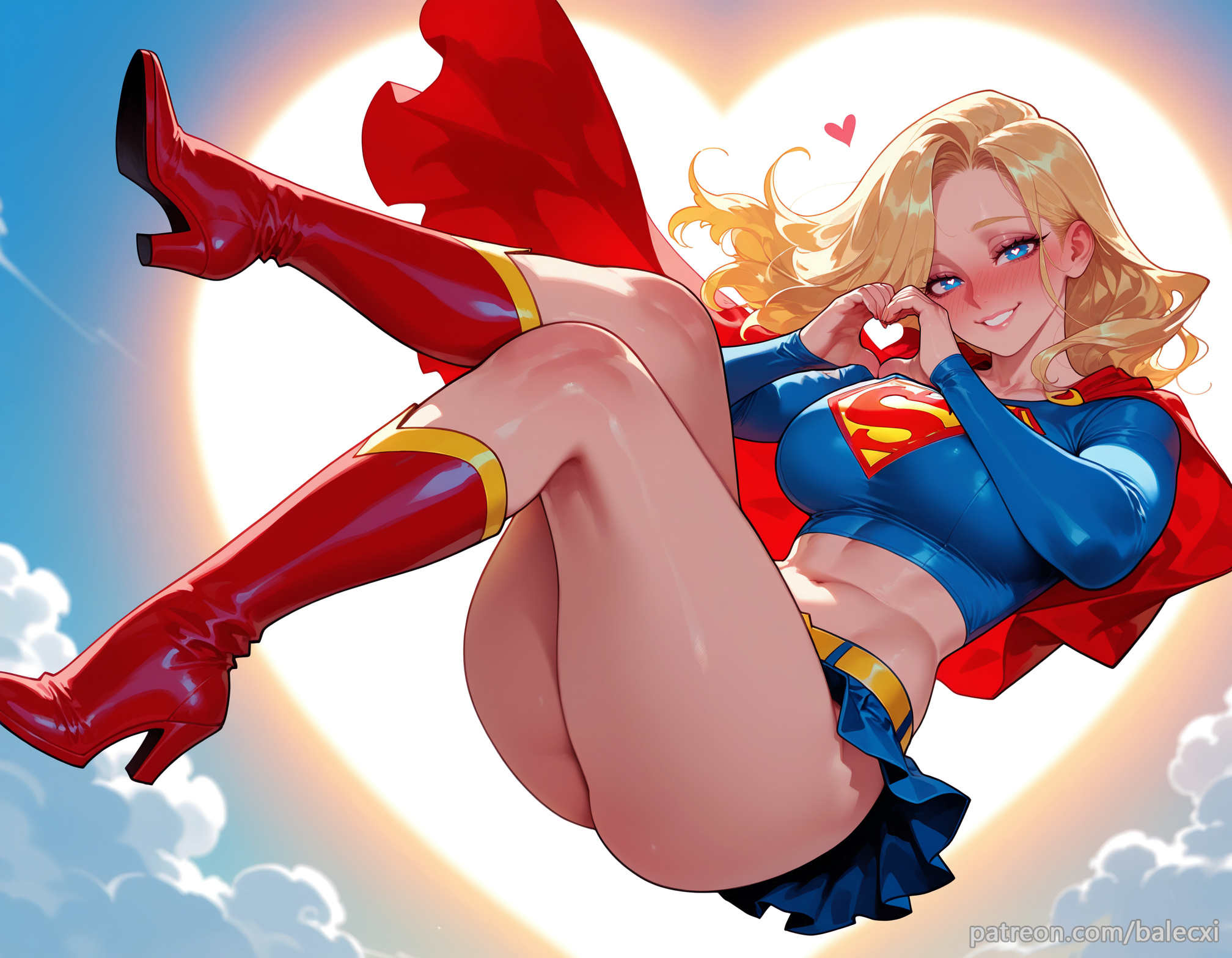 ai generated, ass, balecxi, blonde hair, blue eyes, blue skirt, blush, boots, cloud, crop top, dc, dc comics, female, heart, heart hands, high heel boots, high heels, kara zor-el, large breasts, long sleeves, looking at viewer, midriff, navel, patreon username, red cape, red footwear, sky, smile, solo, supergirl, supergirl (series), superman (series), thighs