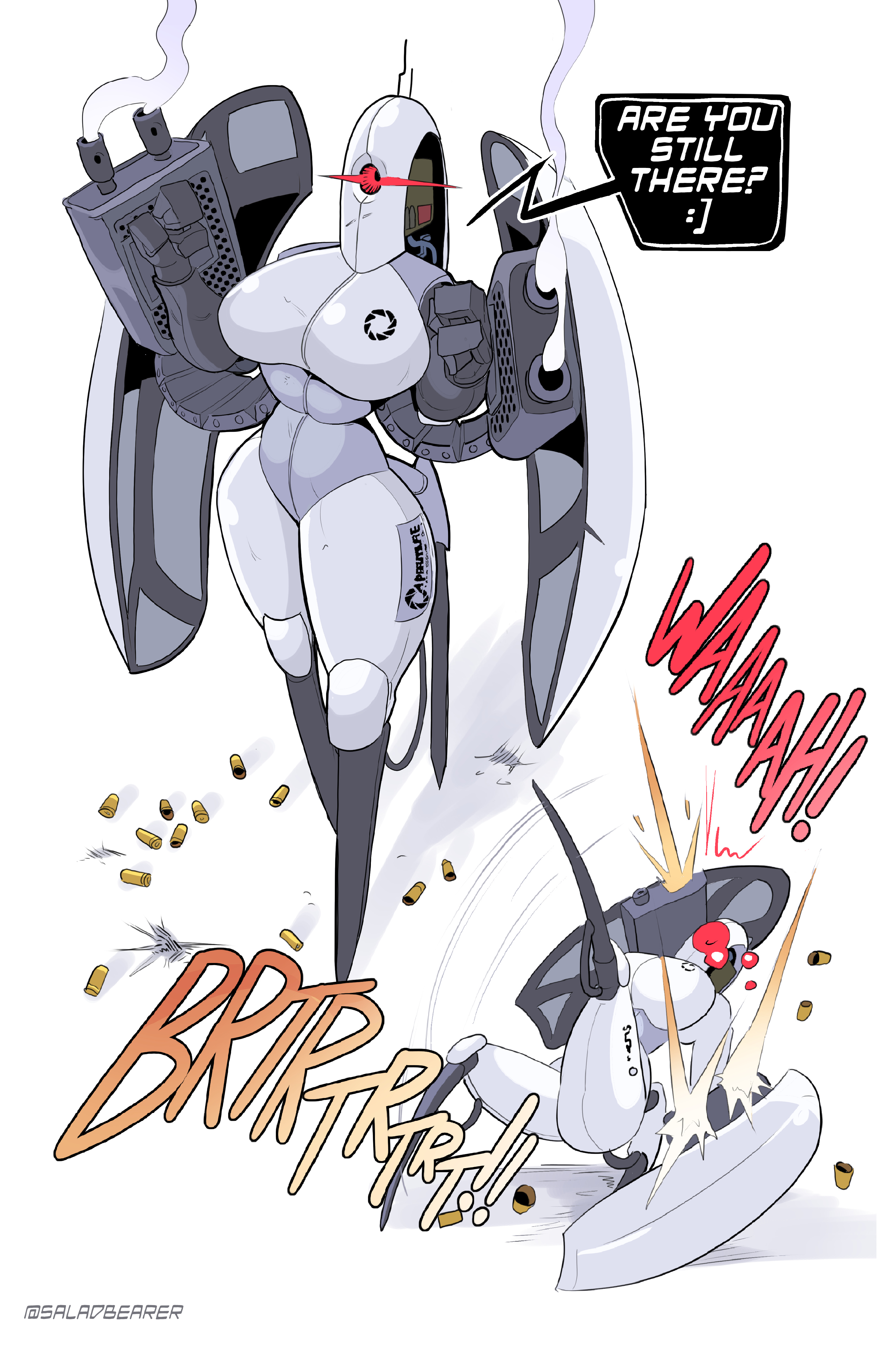 1girls, absurd res, absurdres, aperture science, armored female, breasts, clothed, clothed female, comic, female focus, female only, highres, huge breasts, machine, portal (series), robot, robot girl, robot humanoid, saladbearer, tagme, tall female, text, text bubble, thick thighs, thighs, turret (portal), wide hips