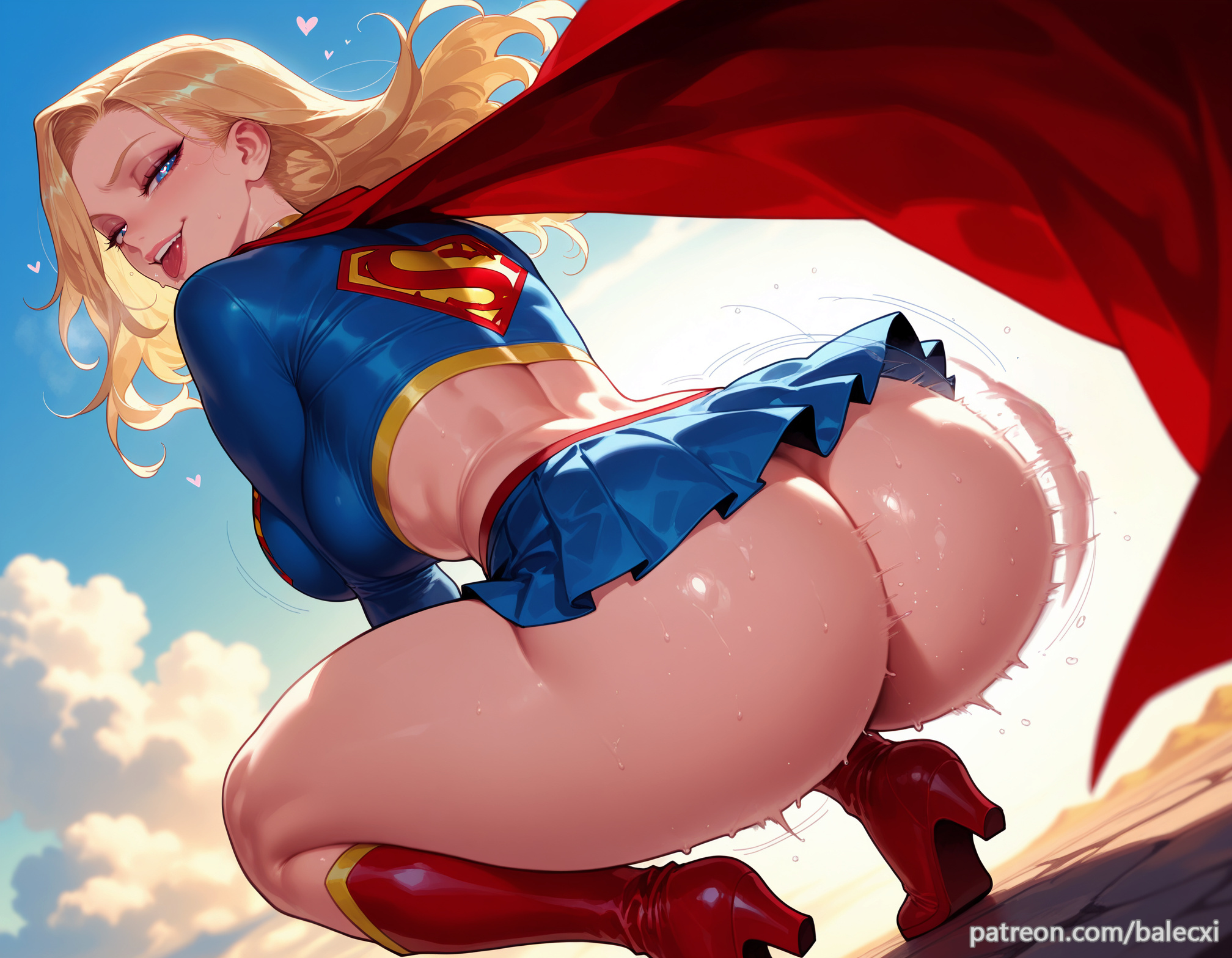 1girls, ai generated, ass, balecxi, blonde hair, blue eyes, boots, crop top, dc, dc comics, female, heart, high heels, huge ass, kara zor-el, large breasts, long hair, looking at viewer, open mouth, red cape, skirt, sky, smile, solo, squatting, supergirl, supergirl (series), superman (series), sweat