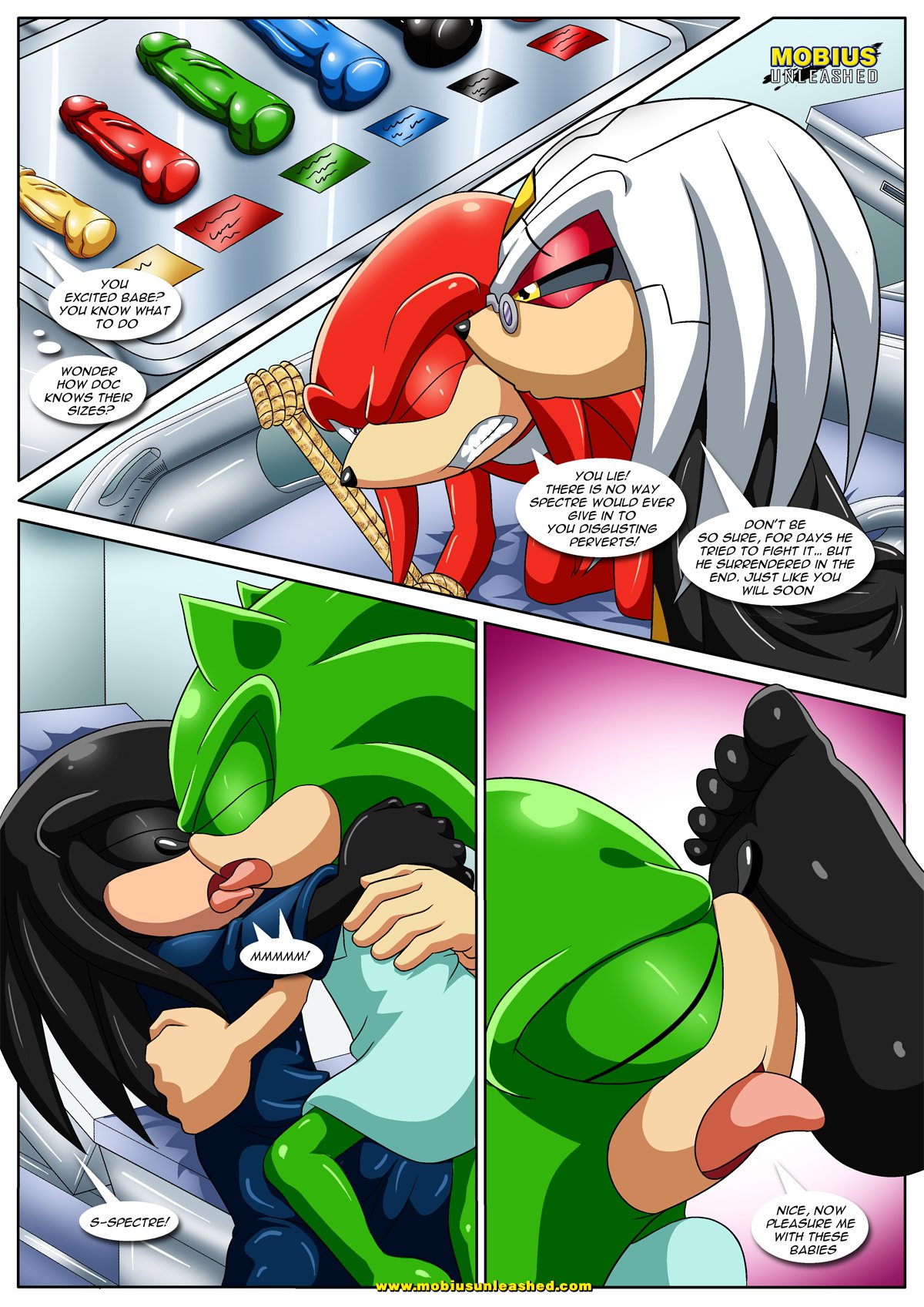 anthro ass bbmbbf bondage bound clothing comic doctor_finitevus drugs duo echidna feet forced hedgehog hi_res kissing knuckles_the_echidna male male_only mammal mobius_unleashed monotreme multiple_toys palcomix penis scourge_the_hedgehog sonic_(series) spectre_the_echidna toy toy_selection yaoi