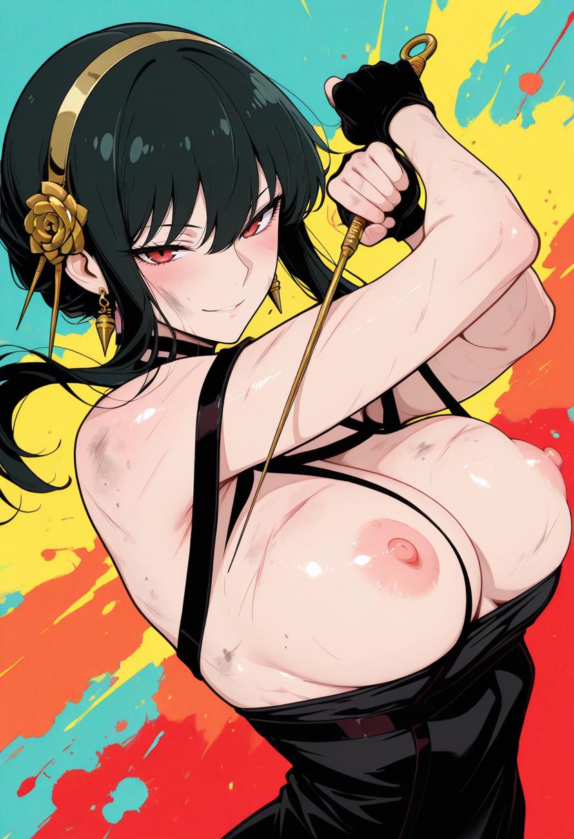 1girls, ai generated, areolae, battle damage, big breasts, black hair, breasts, damaged clothes, exposed breasts, female, female only, looking at viewer, nipples, red eyes, ripped clothing, ripped dress, spy x family, tagme, yor briar
