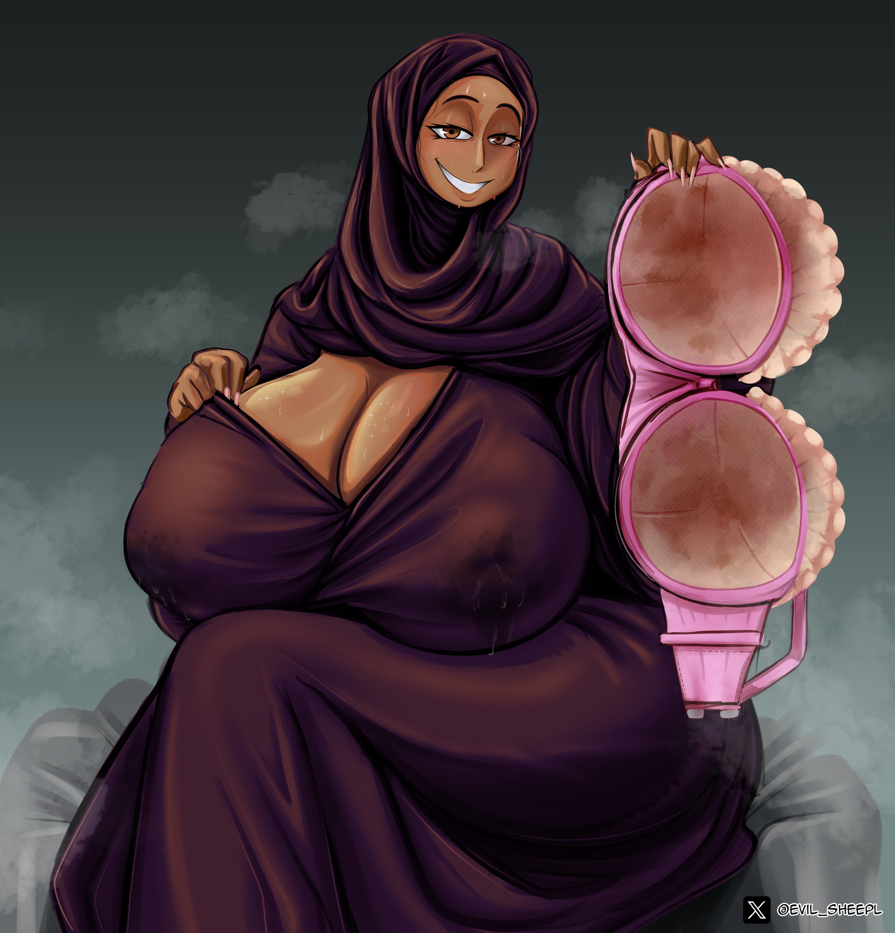 1girls, ass, ass bigger than head, big ass, big breasts, big nipples, big thighs, bra, bra meme, bra removed, breasts, breasts bigger than head, brown body, brown skin, brown-skinned female, curvaceous, curvy, curvy figure, evil sheep, female, gigantic ass, gigantic breasts, gigantic thighs, hijab, hips, holding bra, hourglass figure, huge ass, huge bra, huge breasts, huge nipples, huge thighs, hyper, hyper ass, hyper thighs, large ass, large breasts, large thighs, legs, looking at viewer, mature, mature female, mommy, naughty, naughty face, naughty smile, nipples, original, original character, slim waist, smile, smiling, smiling at viewer, sweat, sweatdrop, sweating, sweaty bra, textless, textless version, thick, thick hips, thick legs, thick thighs, thighs, thighs bigger than head, voluptuous, waist, wide hips, wide thighs