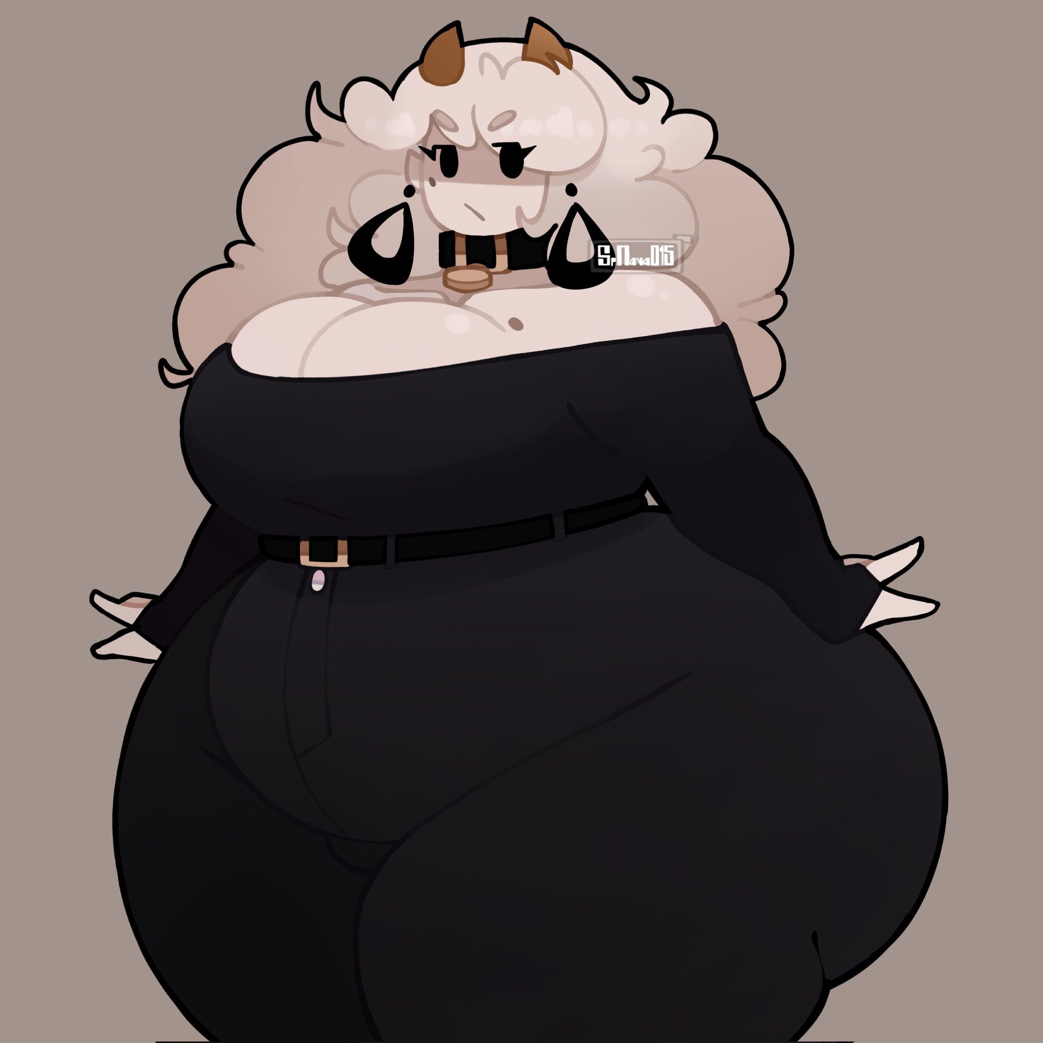 1girls, 2d, 2d (artwork), about to burst, artist name, artist signature, ass, ass bigger than head, ass too big, barely contained, barely contained ass, barely fits, bbw, belly, belt, belt buckle, big ass, big belly, big breasts, black clothing, black earrings, black eyes, black jeans, black pants, black shirt, bottom heavy, breasts, choker, chubby, chubby female, cleavage, curvaceous, curvy, curvy female, denim bottomwear, denim clothing, denim jeans, earrings, fat ass, fat thighs, female focus, front view, gluteal fold, hips, hips wider than shoulders, horns, huge ass, huge breasts, imminent wardrobe malfunction, jeans, kay (srnava), light-skinned female, oc, original, pants, plain background, shirt, slightly chubby, slightly chubby female, srnava, standing, straining clothing, thick ass, thick thighs, thighs, tight clothes, tight clothing, tight fit, tight jeans, tight pants, too tight, undersized clothes, undersized clothing, voluptuous, voluptuous female, white hair, wide hips