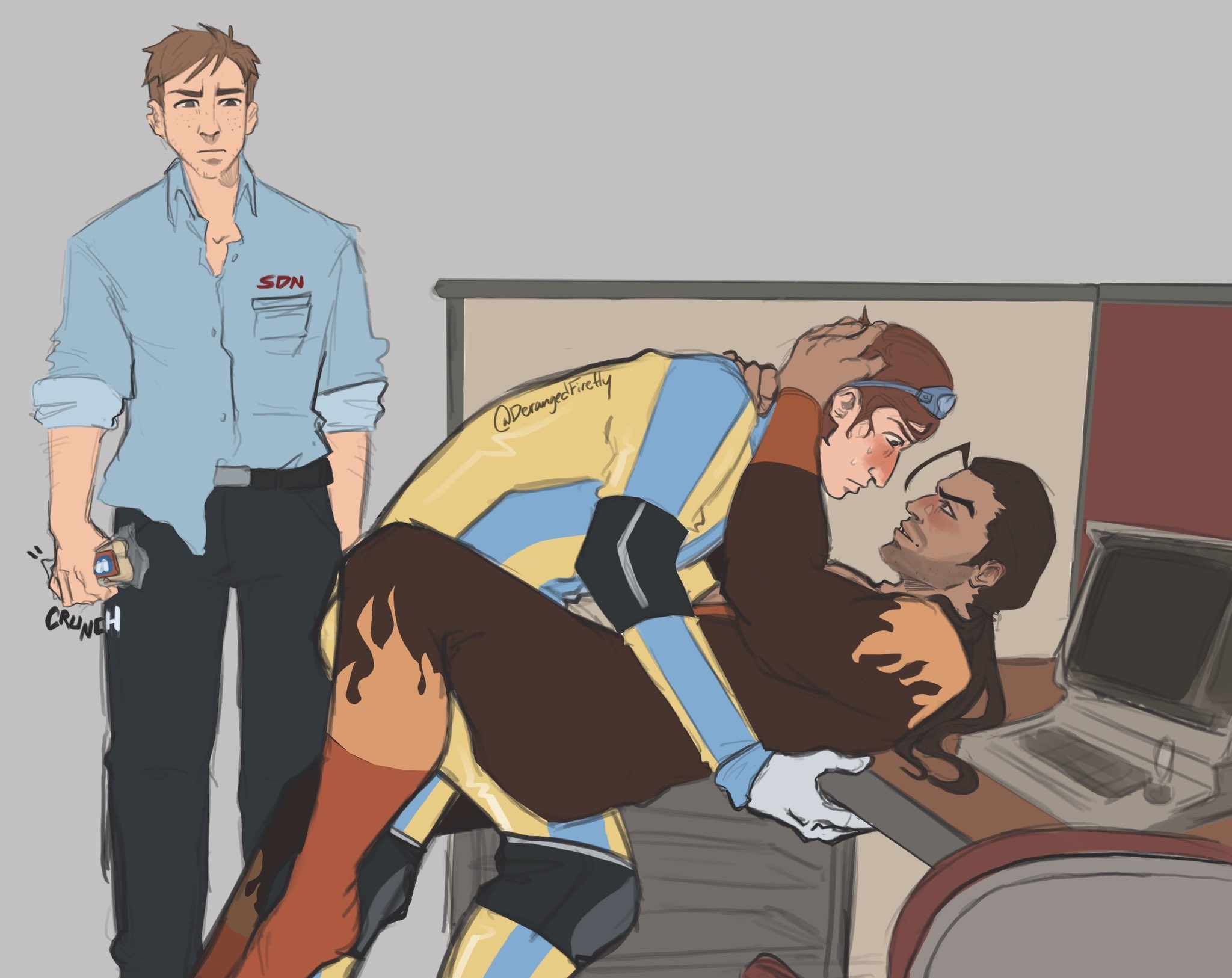 caught, d3rangedfirefly, dispatch (game), flambae, male, male only, muscles, muscular, muscular male, office, robert robertson, waterboy (dispatch), yaoi
