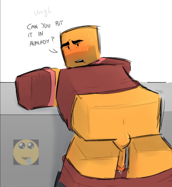 1boy, asking for it, asking for sex, blocky body, blush, embarrassed, embarrassed expression, evil spongebob2, gay, inminent anal, inminent sex, looking at viewer, looking back, looking back at viewer, minigunner (tds), pants down, penis, precum, precum drip, precum on penis, precum string, roblox, roblox game, robloxian, topwear, tower defense simulator, wanting cock, wanting fucked, wanting more, wanting sex