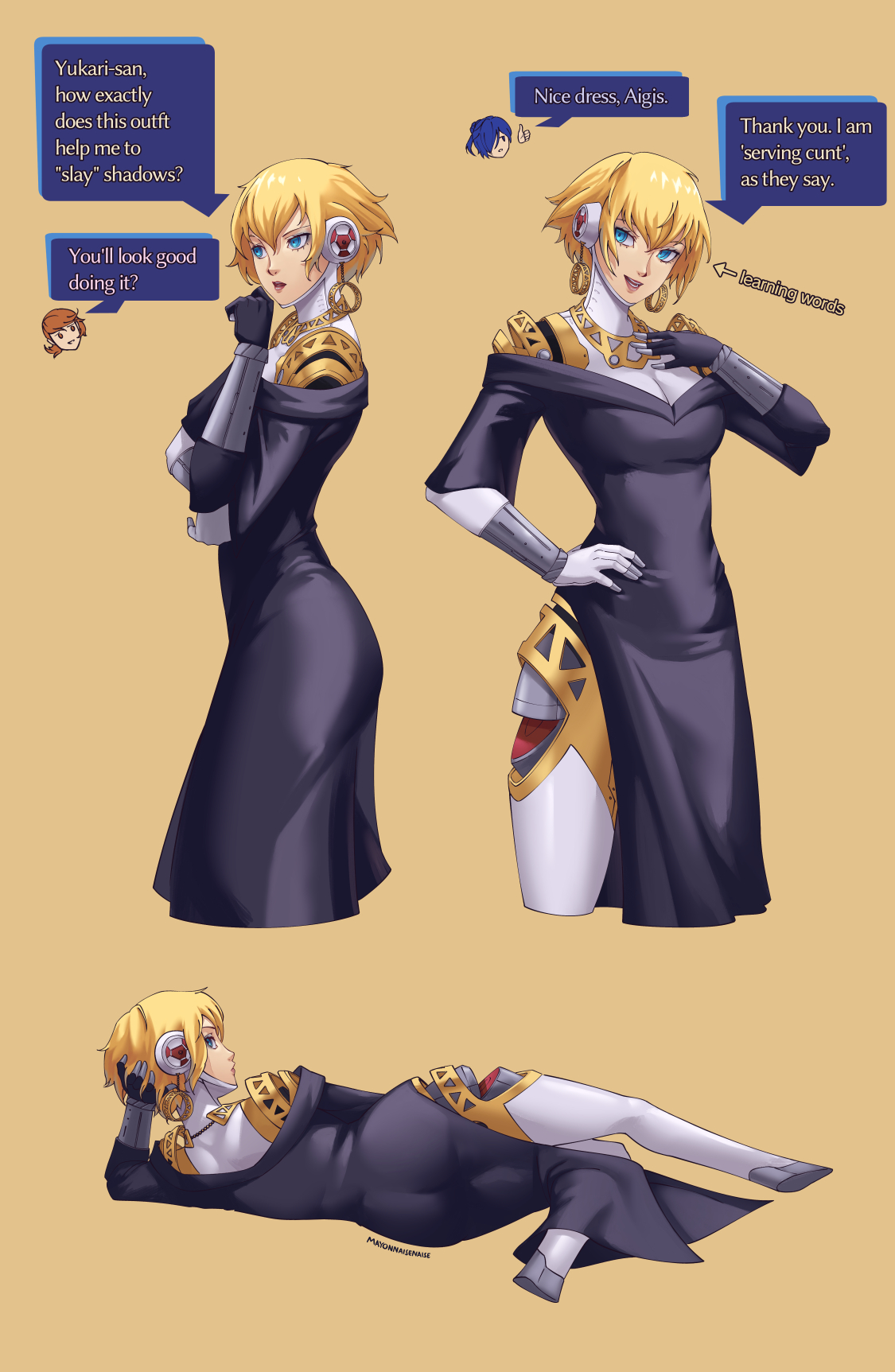 1boy, 2girls, aigis (persona), android, ass, black dress, blonde hair, booty, breasts, butt, cleavage, clothed, clothed ass, clothed robot, dress, english text, female, hand on own hip, highres, joints, lying, makoto yuki, male, mayonnaisenais3, megami tensei, multiple girls, off shoulder, on side, persona, persona 3, robot ears, robot girl, robot joints, side slit, simple background, smile, speech bubble, yukari takeba, yuuki makoto (persona 3)