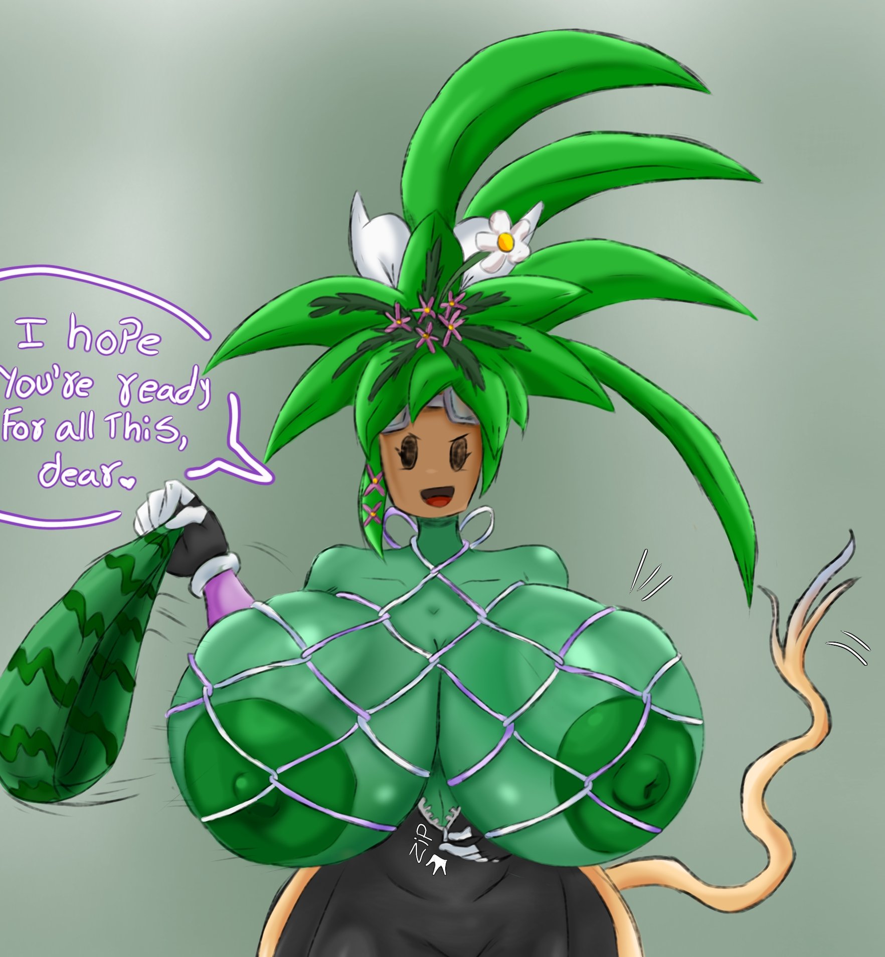 big breasts, big butt, big nipples, blaster master, blaster master zero 2, boob window, boobs out, boots, golden toad, green hair, green skin, humanoid, kanna (blaster master), plant, plant girl, plant humanoid, text