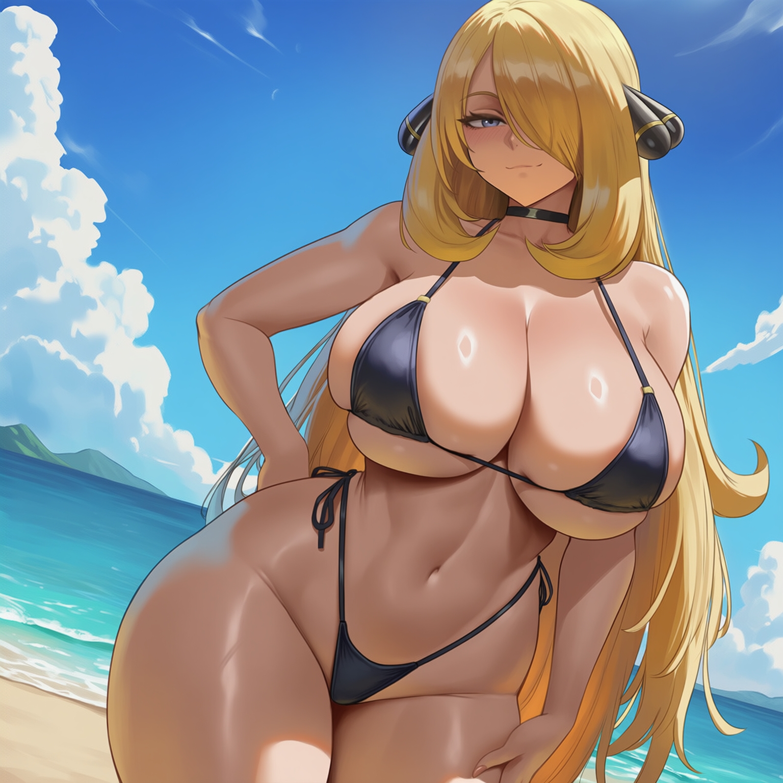1girls, ai generated, bikini, breasts, cynthia (pokemon), female, female focus, female only, large breasts, light skin, light-skinned female, looking at viewer, nintendo, pokemon, roxor, solo, swimsuit, thick thighs, thighs, wide hips