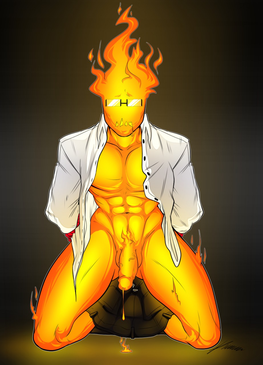 abs black_background bondage bound clothed clothing cumming cute dark_background drooling elemental eyewear fire fire_elemental glasses grillby hi_res kneeling ksuriuri male male_only muscular muscular_male pants_around_legs pants_pulled_down penis rectangular_glasses solo solo_male undertail undertale undertale_(series) video_games