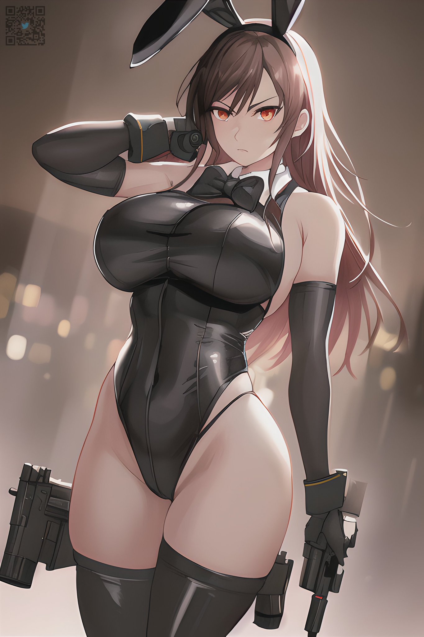 2023, ai generated, assassin, black hair, bunny ears, bunny girl, bunnysuit, curvaceous, curvy female, curvy figure, female, female focus, female only, high resolution, highres, latex, long hair, shiny clothes, stable diffusion, tight clothing