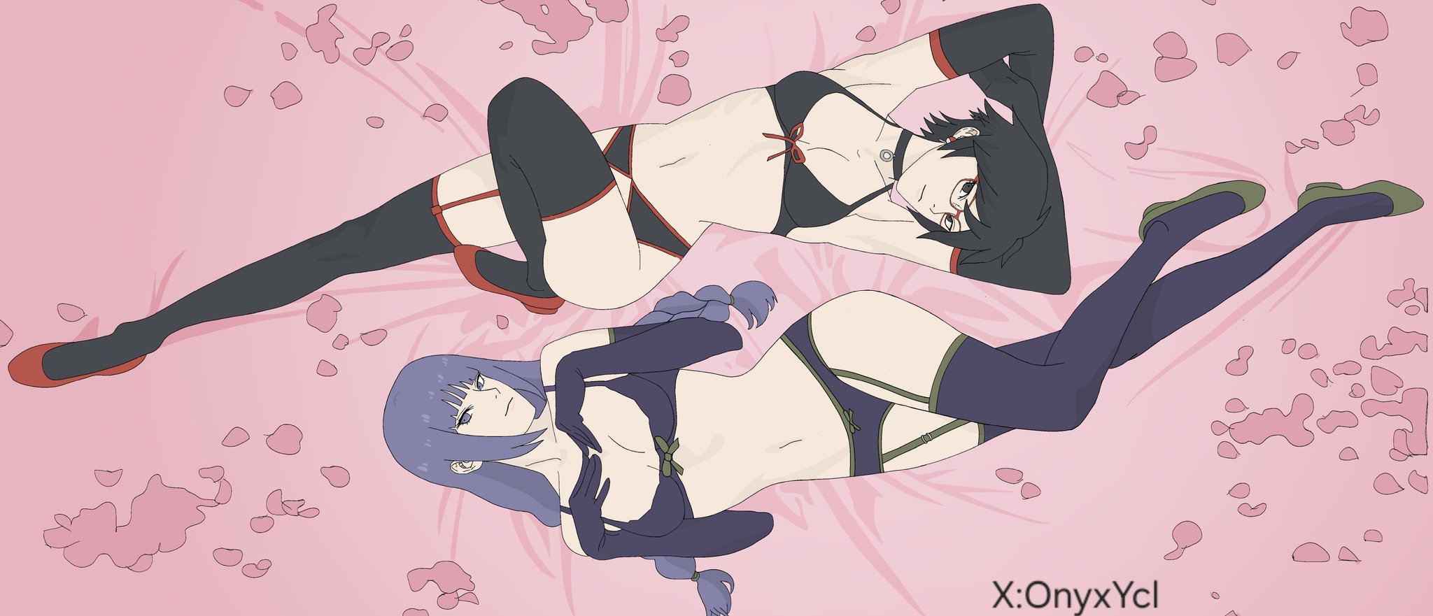 2girls, alternate costume, boruto: two blue vortex, chainsaw man, clothed, clothed female, female only, indoors, kakei sumire, lingerie, lingerie only, naruto, naruto (series), on bed, onyxycl, sarada uchiha, seducing, seductive, seductive look, seductive smile, teenage girl, teenager, young