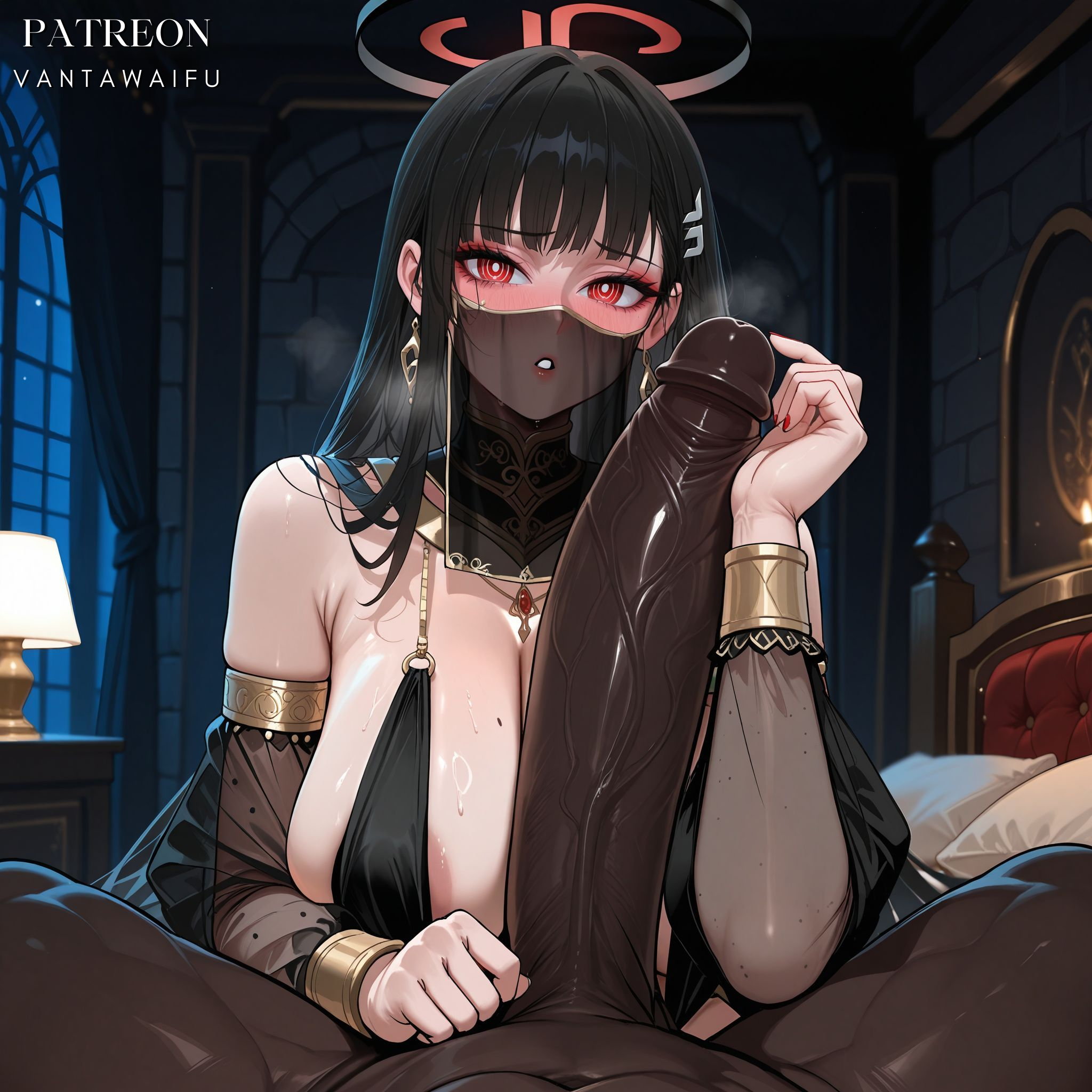 1boy, ai generated, alternate costume, arabian clothes, areola slip, bangs, bare shoulders, black hair, blue archive, blush, breasts, bright pupils, cleavage, clothing, curtains, dark skin, dark-skinned male, detached sleeves, earrings, erection, female, hair ornament, hairclip, halo, harem outfit, huge breasts, huge cock, indoors, interracial, jewelry, lamp, large breasts, large penis, long hair, looking at viewer, makeup, male, mole, mole on breast, mouth veil, necklace, netorare, ntr, parted lips, penis, red eyes, revealing clothes, rio (blue archive), see-through, see-through sleeves, solo focus, straight, sweat, tsukatsuki rio, vantawaifu, veil, veins, veiny penis, very dark skin, white pupils